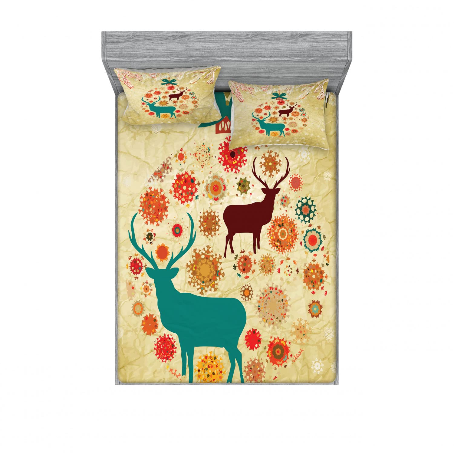 Ambesonne Christmas 2 Pack Fitted Sheet & Pillow Sham Set - Reindeer Winter Theme 4 Piece Bedding Decor, Includes 2 Twin Size Fitted Sheets & 4 Pillow Covers in Beige - Cozy Holiday Bedroom Decor for Winter Season