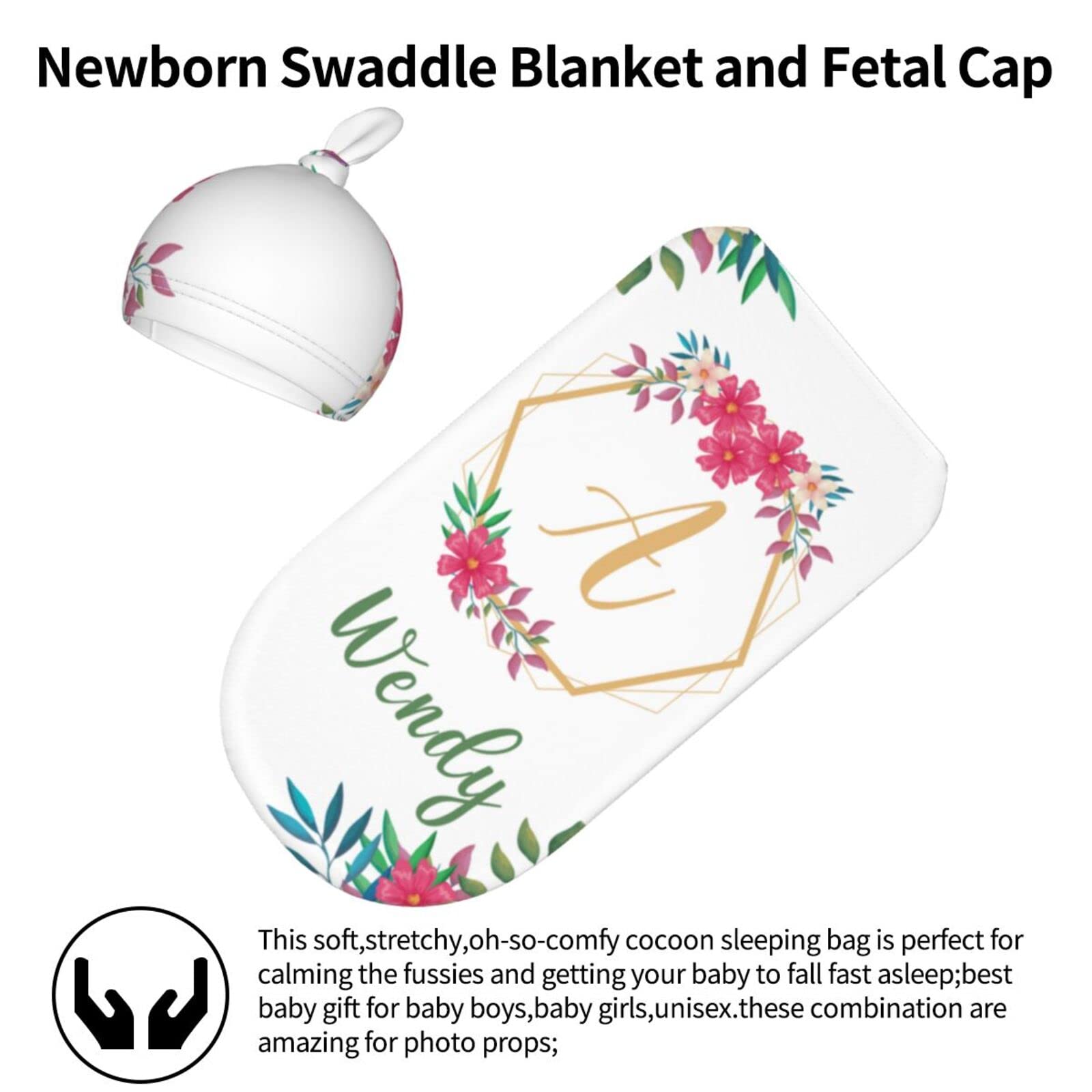 Personalized Baby Blanket and Hat Set - Custom Name Embroidered Swaddle Blanket for Newborn Boys & Girls - Soft Infant Sleep Sack for Nursery, Photo Shoots & Baby Showers