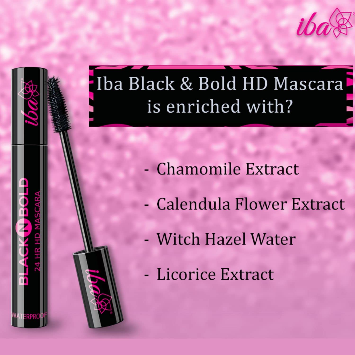 Iba Black N Bold 24 Hour HD Waterproof Mascara - Lengthening, Curling & Volumizing (8ml, Black) | 100% Vegan & Cruelty-Free | Perfect for Long-Lasting Wear, Special Occasions & Everyday Glam
