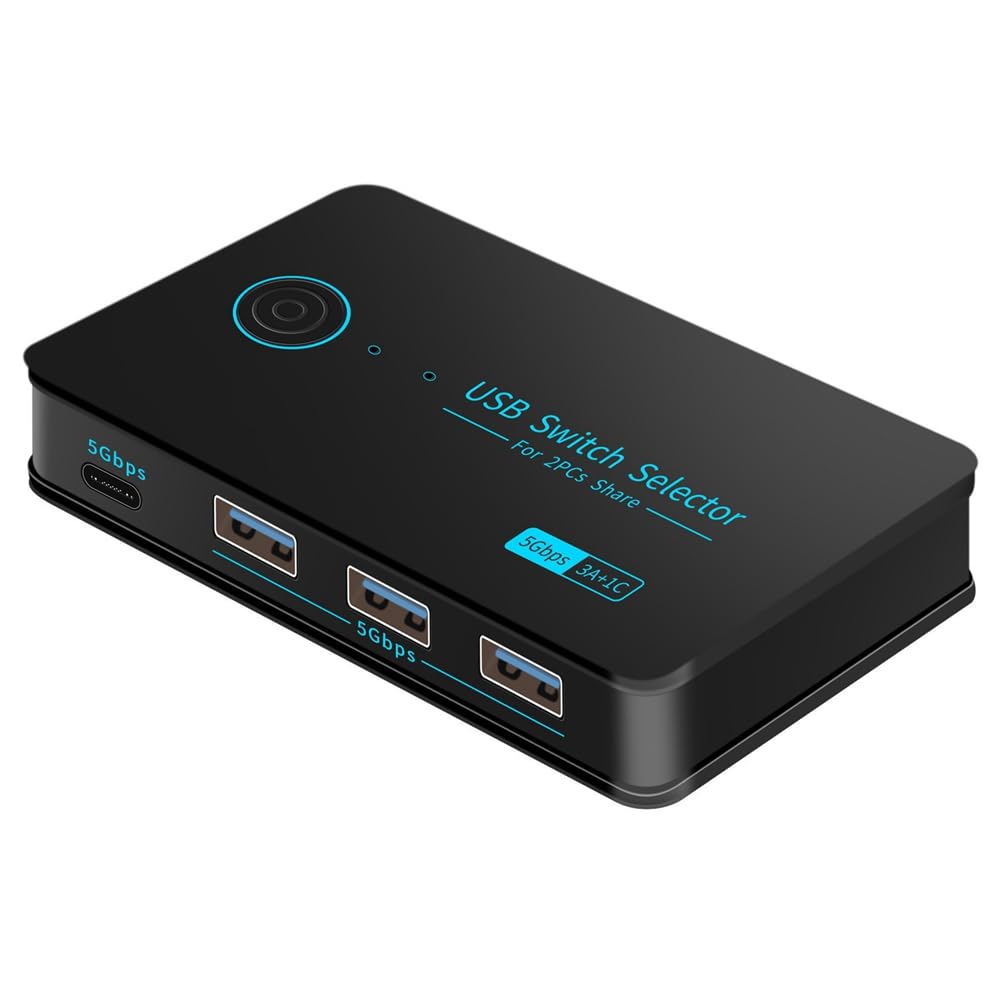 USB 3.0 KVM Switch 4-Port Hub (3xUSB 3.0 + 1xUSB-C) - Share Printer, Scanner & Devices Between 2 Computers - Perfect for Home Office & Multi-PC Workspaces