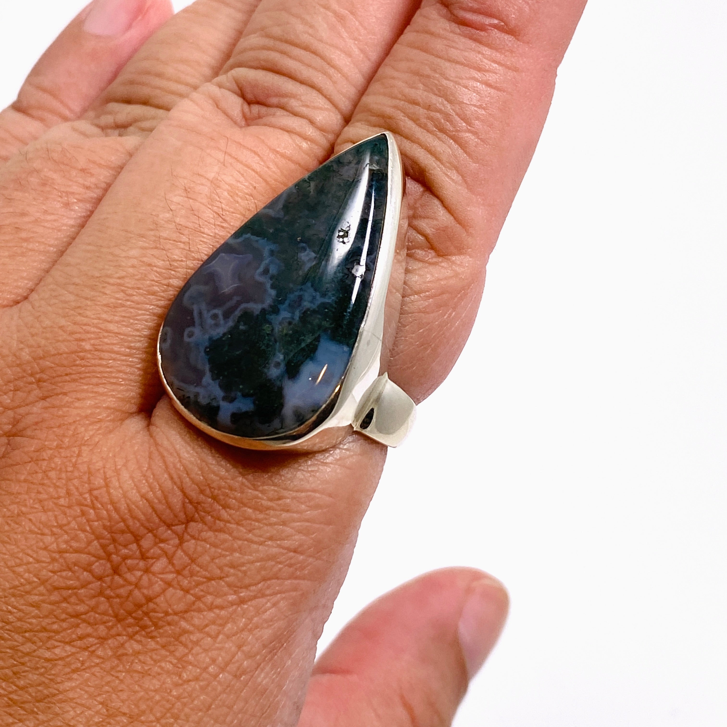 Natural Moss Agate Teardrop Cabochon Ring - Size 11 | Handmade Sterling Silver Jewelry for Women | Perfect for Boho Style, Wedding & Everyday Wear