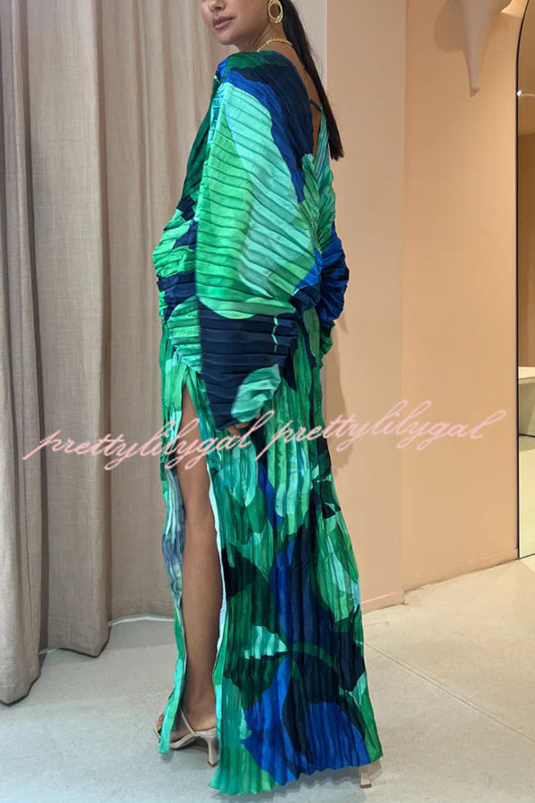 Tropical Oasis Capri Print Kimono Sleeve Pleated Cocoon Maxi Dress | Flowy Beach Cover Up & Summer Vacation Outfit for Women | Perfect for Pool Parties, Resort Wear & Boho Fashion