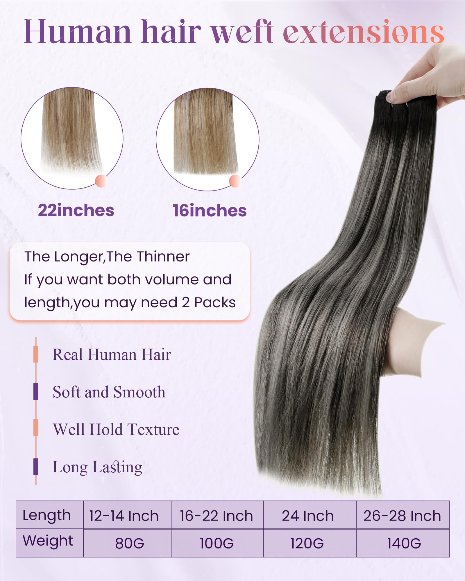 LaaVoo 24 Inch Black Ombre to Silver Grey Human Hair Weft Extensions 100g - Sew in Natural Hair Extensions for Styling & Volume - Perfect for Parties, Weddings & Everyday Wear