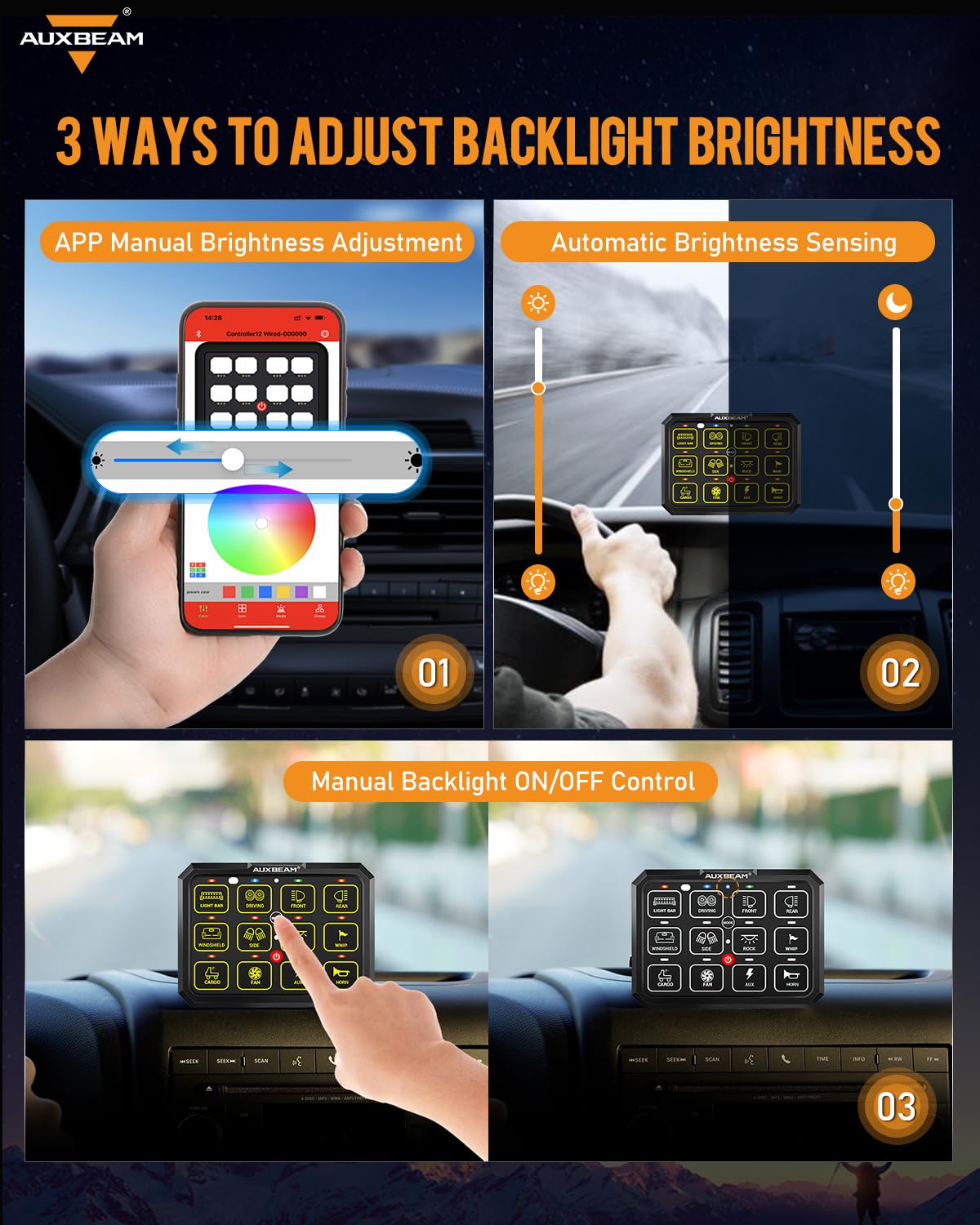 Auxbeam 12 Gang Switch Panel Bluetooth RGB AC-1200 with APP & Remote Control - Toggle/Momentary/Pulsed Switch Pod for Truck, Offroad, UTV, ATV, Car, Marine (12-24V Waterproof) - Perfect for Off-Roading, Camping & Marine Adventures - 2 Year Warranty