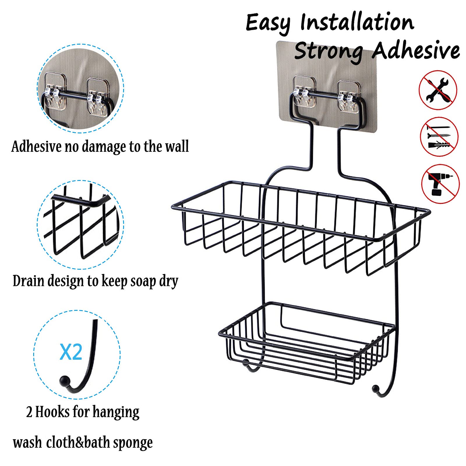 2-Tier Rustproof Shower Caddy with Soap Dish & 2 Hooks - No Drill Wall Mount Bathroom Organizer for Shower, Kitchen, or Bath - Space Saving Storage Shelf (Black) - Perfect for Small Bathrooms, Apartments & Dorm Rooms