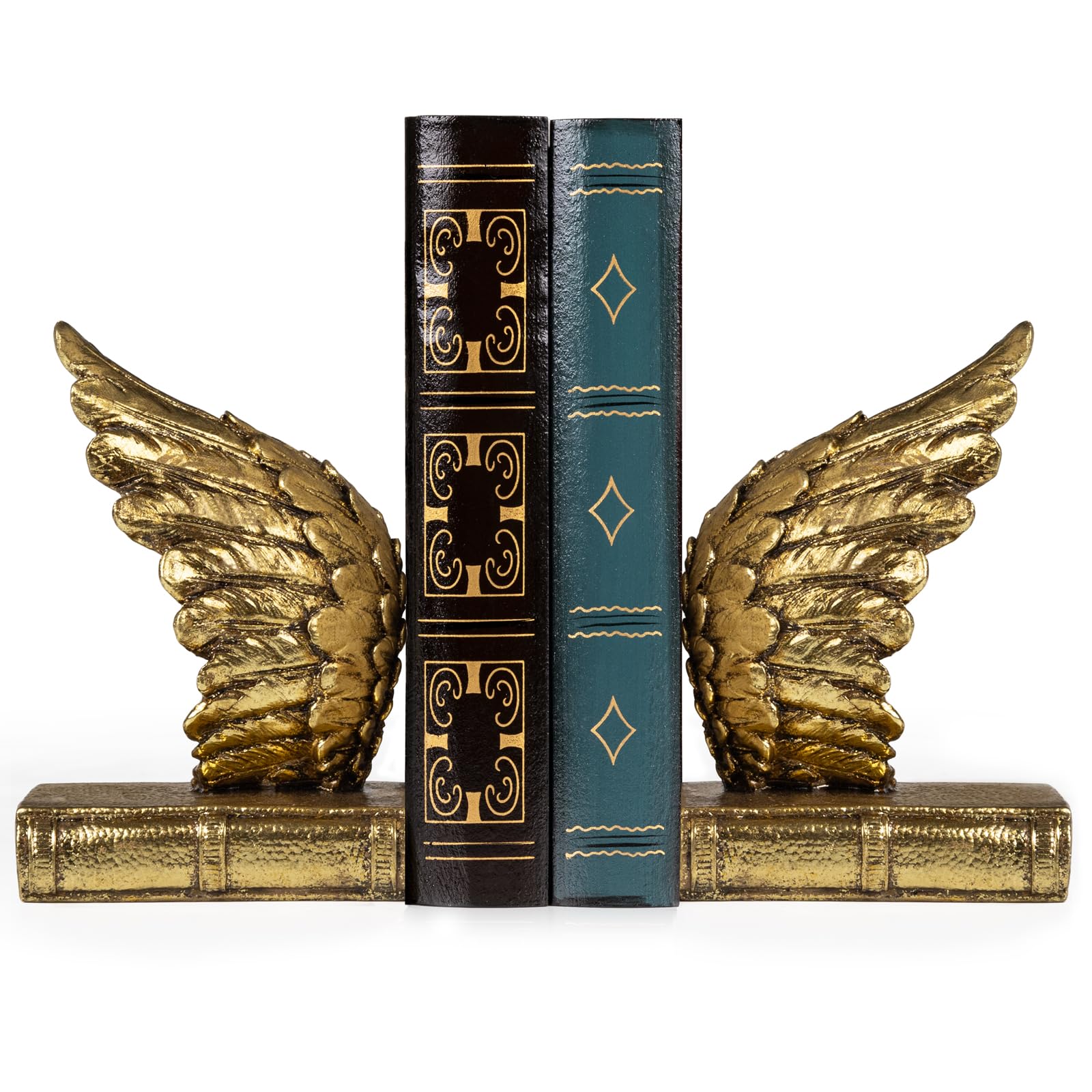 Heavy Duty Decorative Bookends with Anti-Slip Base - Lucky Wings Design for Shelves, Magazines & Heavy Books - Gold Home Office Decor for Study, Library & Workspace Organization