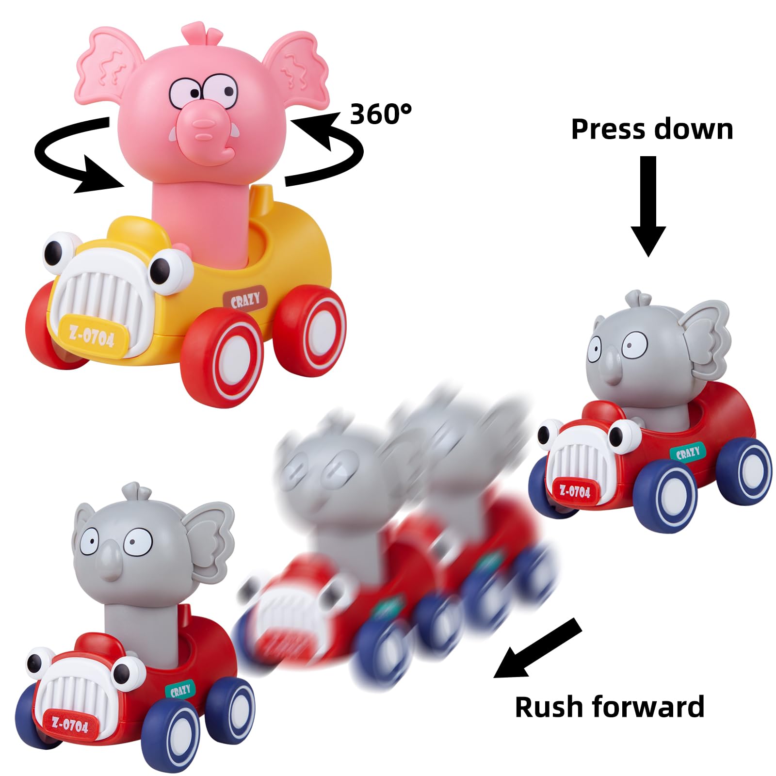 Press and Go Animal Toy Cars for Toddlers 1-3 Years Old - 4 Pack Pull Back Vehicles for 1 2 3 Year Old Boys & Girls - Perfect Birthday Gift & Early Learning Toy for 12-18 Month Babies - Fun Playtime for Home, Daycare or Travel