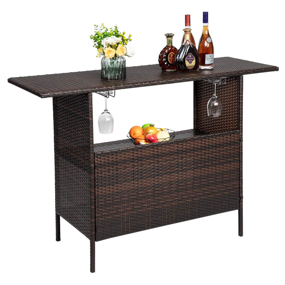 Outdoor Rattan Bar Table with 2 Storage Shelves & Cup Holder Rails - Patio, Poolside, Garden, Deck Wicker Counter Height Table for Backyard Entertaining & Outdoor Dining
