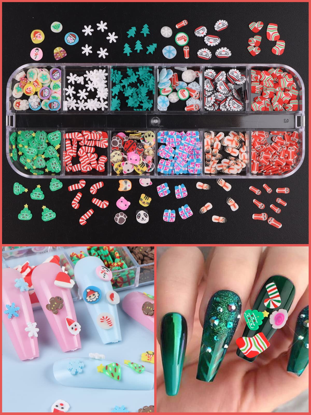 Lorvain 36 Grids Christmas Nail Art Slices - 3D Nail Flake Charms with Hearts, Stars, Snowflakes & Santa Designs | DIY Nail Sequins for Women & Girls | Perfect for Holiday Nail Art, Face & Body Decoration (3-Pack Box Set)
