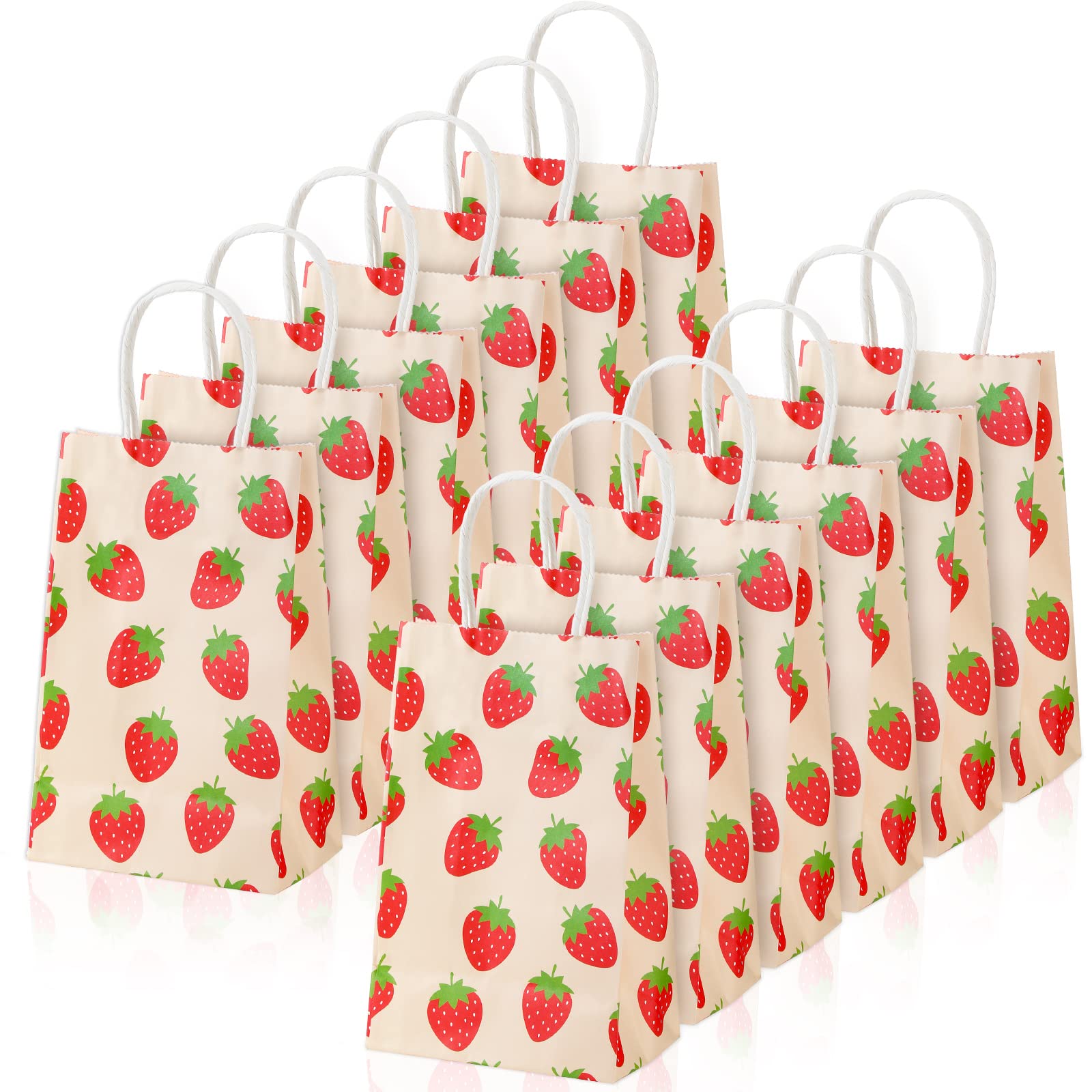 20 Pcs Strawberry Party Favor Bags with Handles - Cute Printed Strawberry Treat Bags for Candy, Gifts & Party Supplies - Perfect for Strawberry Themed Birthday, Baby Shower & Dessert Table Decorations