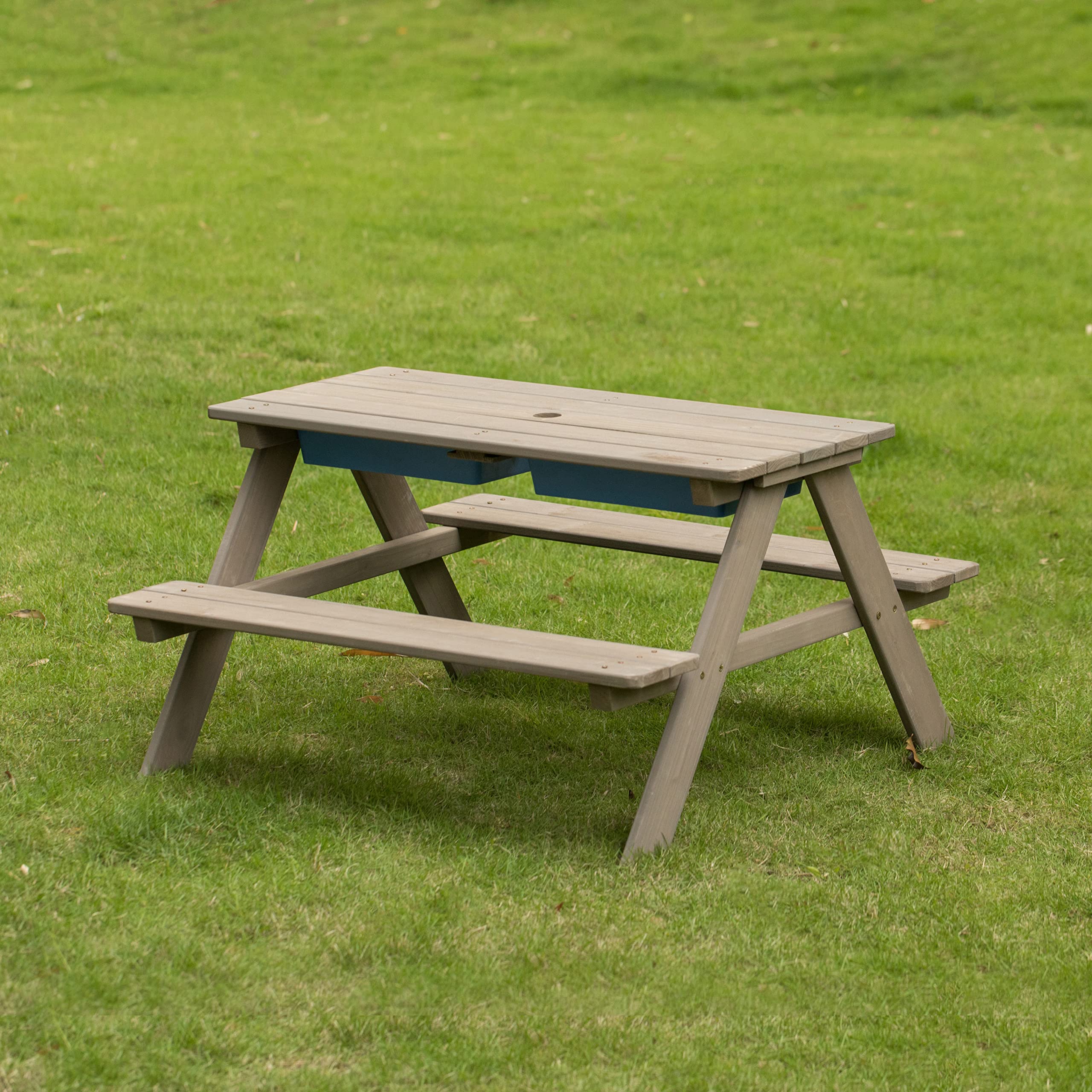 Gardenised Kids Picnic Play Table with Sandbox & Umbrella Hole - 2 Removable Play Boxes, Gray (QI004476) - Perfect for Outdoor Play, Backyard Fun & Toddler Activities