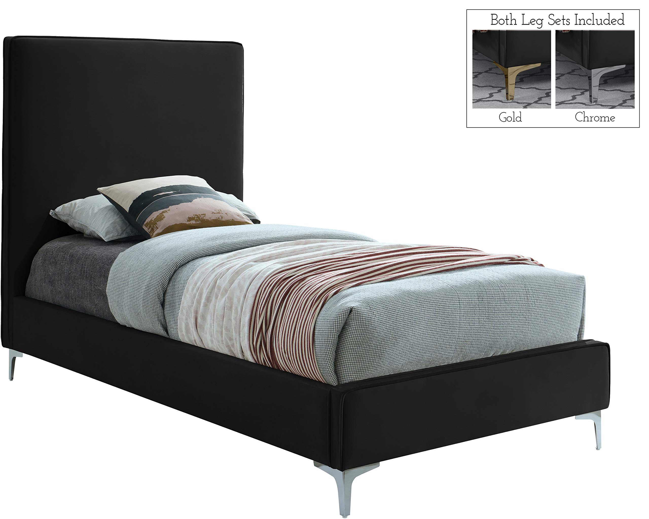 Modern Velvet Upholstered Bed with Gold/Chrome Headboard - Twin Size Black Bed Frame for Contemporary Bedrooms | Meridian Furniture Geri Collection