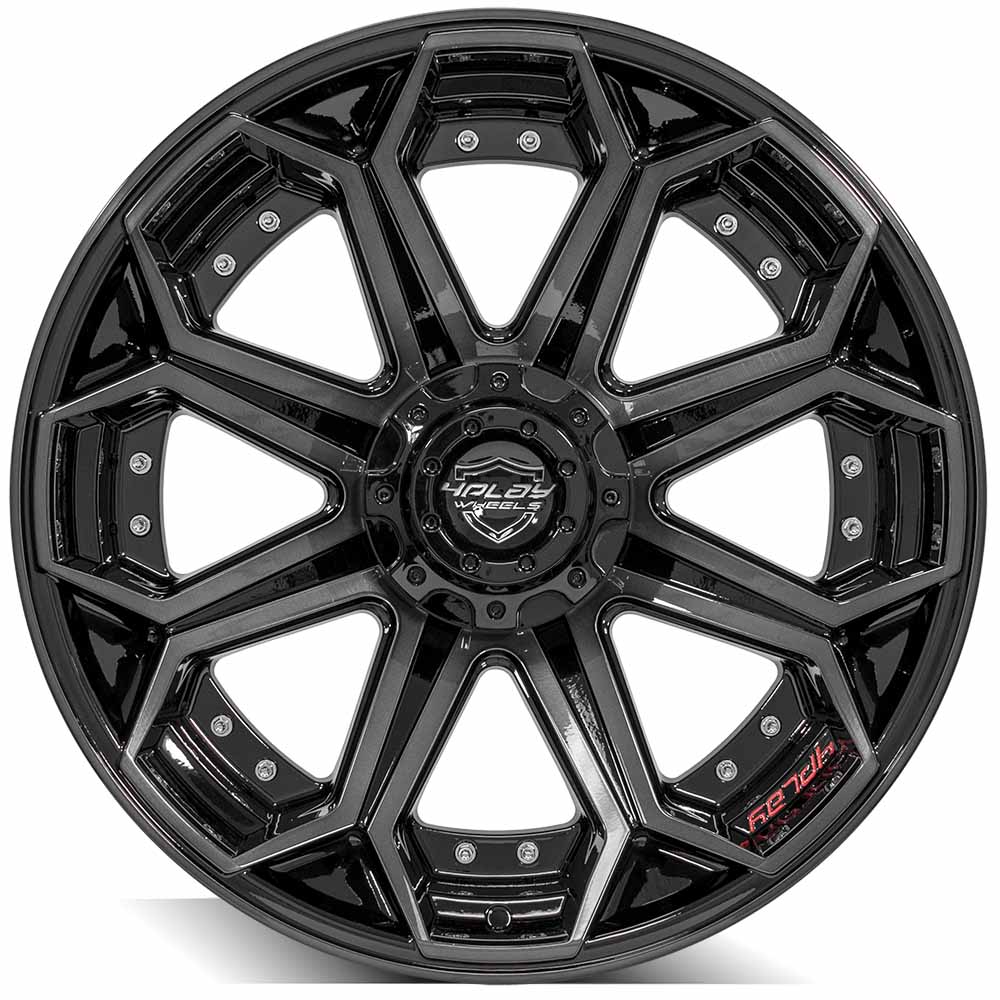 4Play Gen2 4P80R Gloss Black Wheels 22x10.0 with Brushed Face & Tinted Clear Finish - 5x127/5x139.7mm Bolt Pattern, 87.1mm Bore - Perfect for Trucks, SUVs, and Off-Road Vehicles