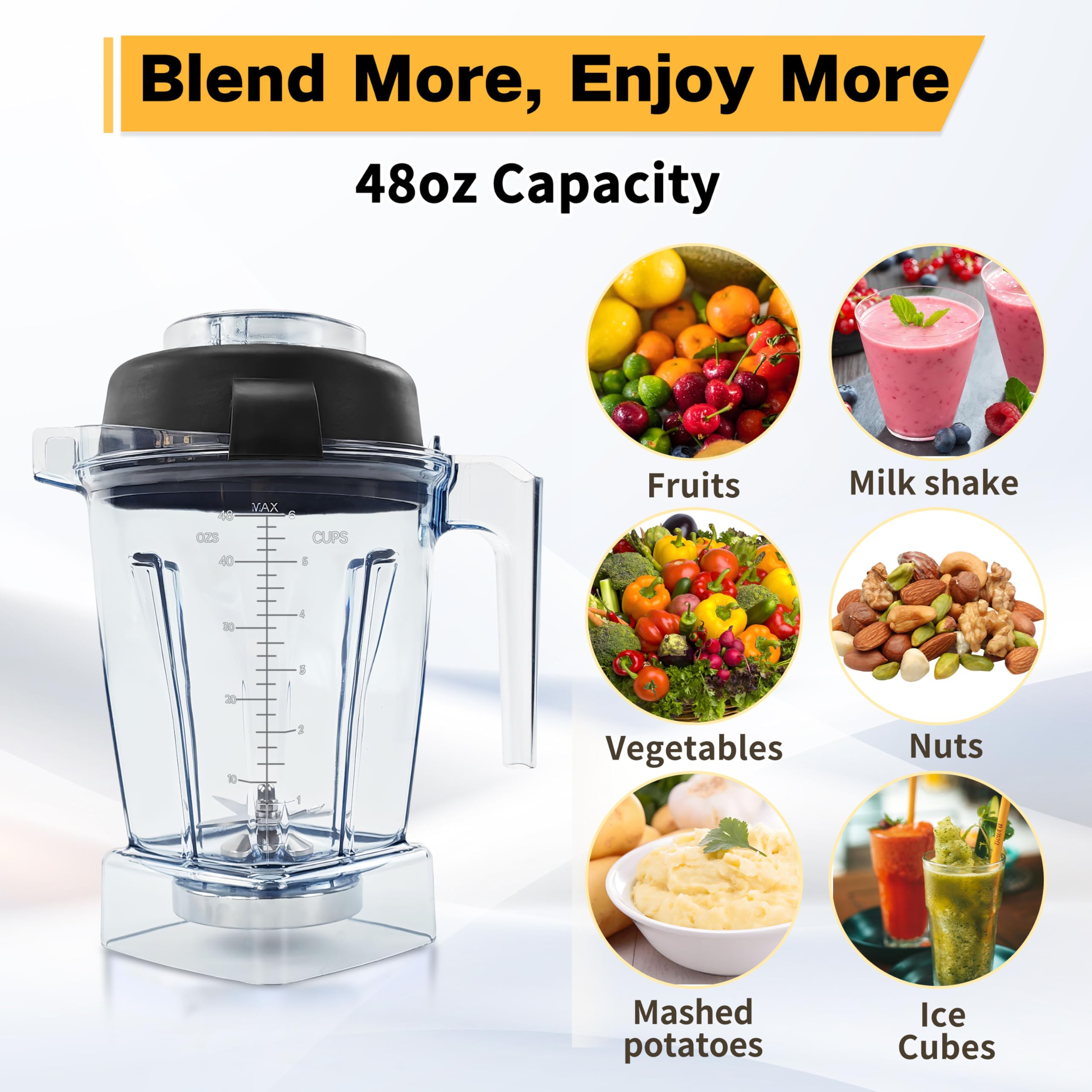 Vitamix Blender Pitcher 48oz Replacement for Vitamix 5000 5200 6300 6500 7500 E310 E320 Pro 200 500 750 VM0197 VM0101 - Compatible with C/G-Series Explorian Commercial Ropel Series - 3-Year Warranty - Perfect for Smoothies, Soups, and Nut Butters