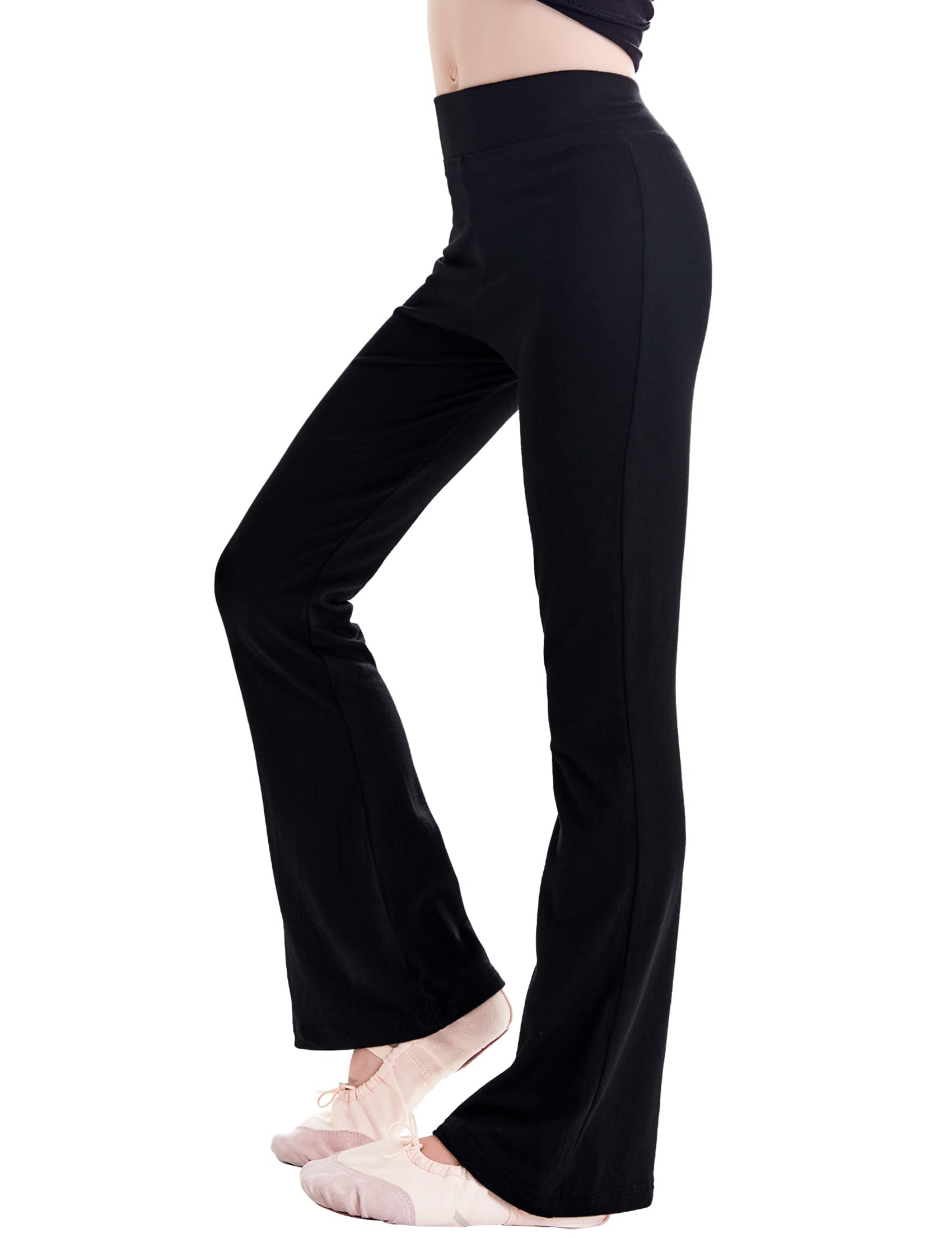 **Phoeswan High Waisted Flare Leggings for Girls - Cotton Black Bell Bottom Pants, Full Length Jazz Dance Leggings - Perfect for Dance, Yoga & Casual Wear**