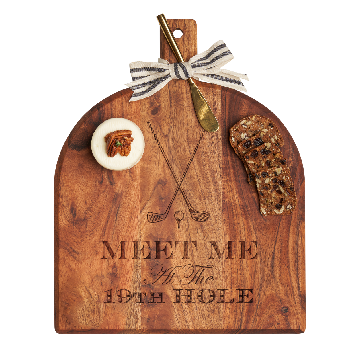 Acacia Wood Bevel Board with Ribbon & Gold Spreader Knife - Elegant Cheese & Charcuterie Serving Platter - 15 x 12 Inches - Perfect for Wine Parties, Bridal Showers & Golf Events