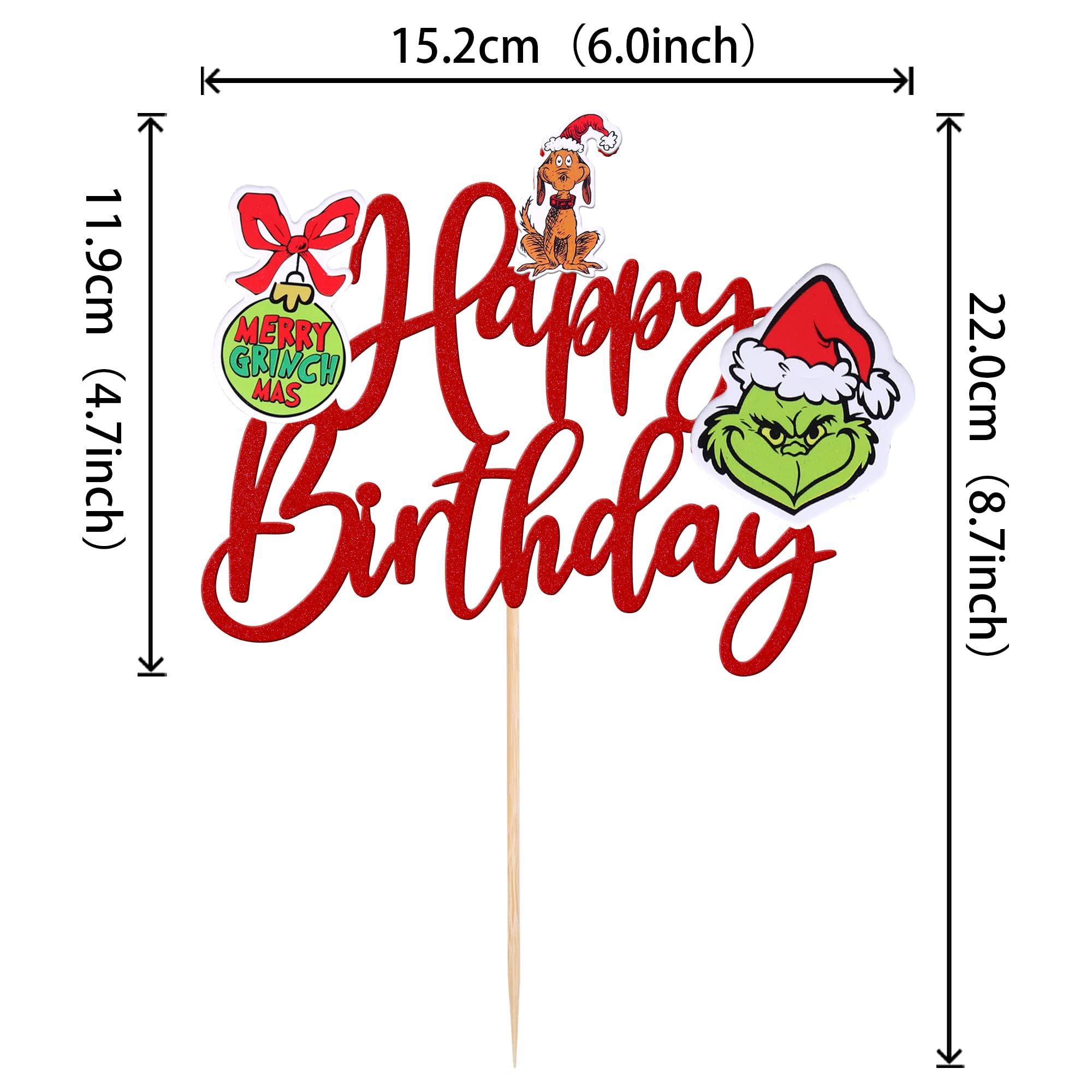 1 PCS Green Monster Happy Birthday Cake Topper with Red Glitter - Christmas Dog Cake Decor for Holiday Parties, Baby Showers & Kids Birthday Celebrations - Perfect for Christmas Theme Cakes and Festive Dessert Decorations
