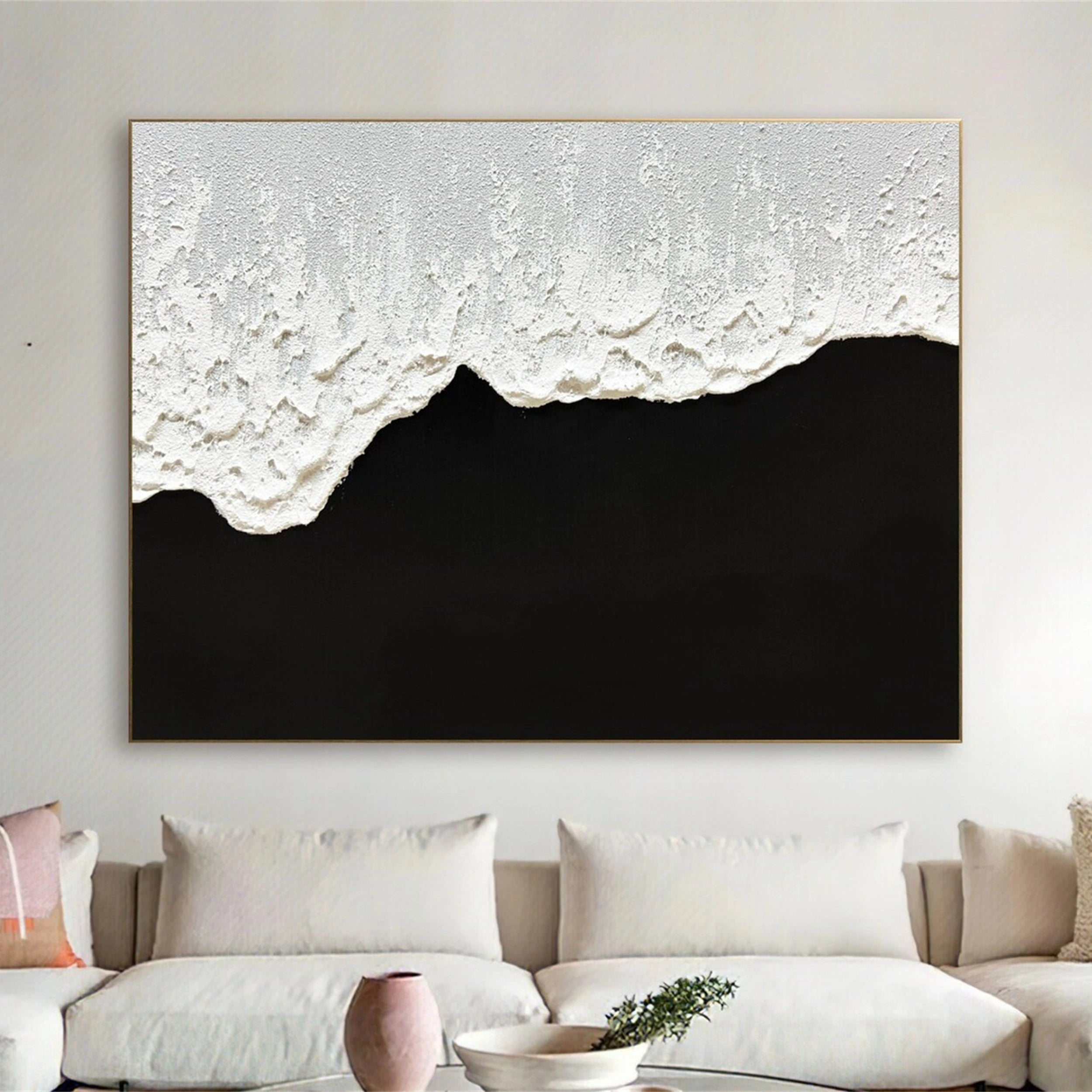 Black and White Textured Minimalist Wall Art Print - Modern Abstract Canvas Painting for Living Room, Bedroom & Office Decor | #MZ058