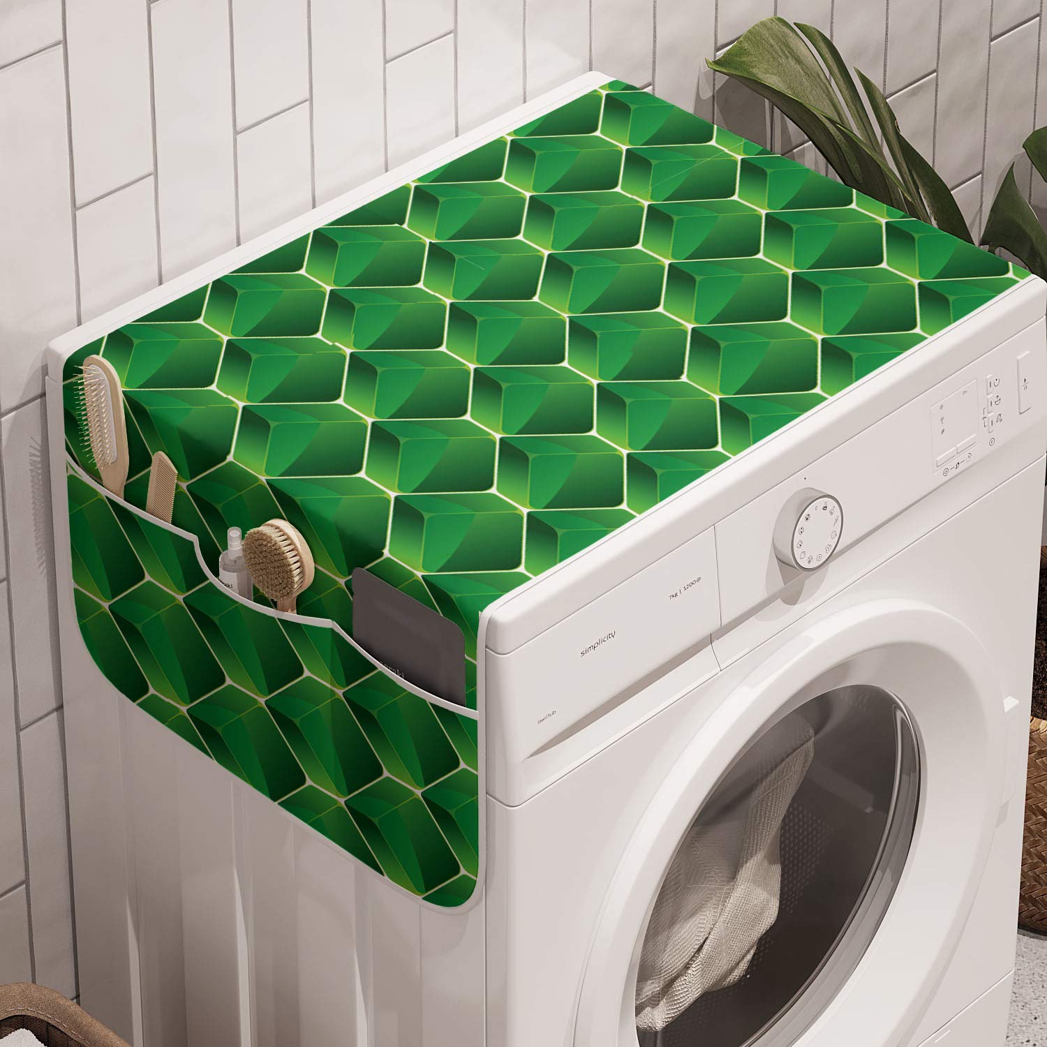 Lunarable Emerald Washing Machine Cover - 3D Geometric Pattern Anti-Slip Fabric Organizer for Washers & Dryers, 47