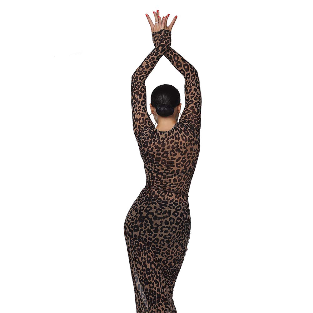 Women's Latin Dance Tango Salsa Dress with Leopard Print - Flamenco Samba Costume for Competition, Performances, and Social Events