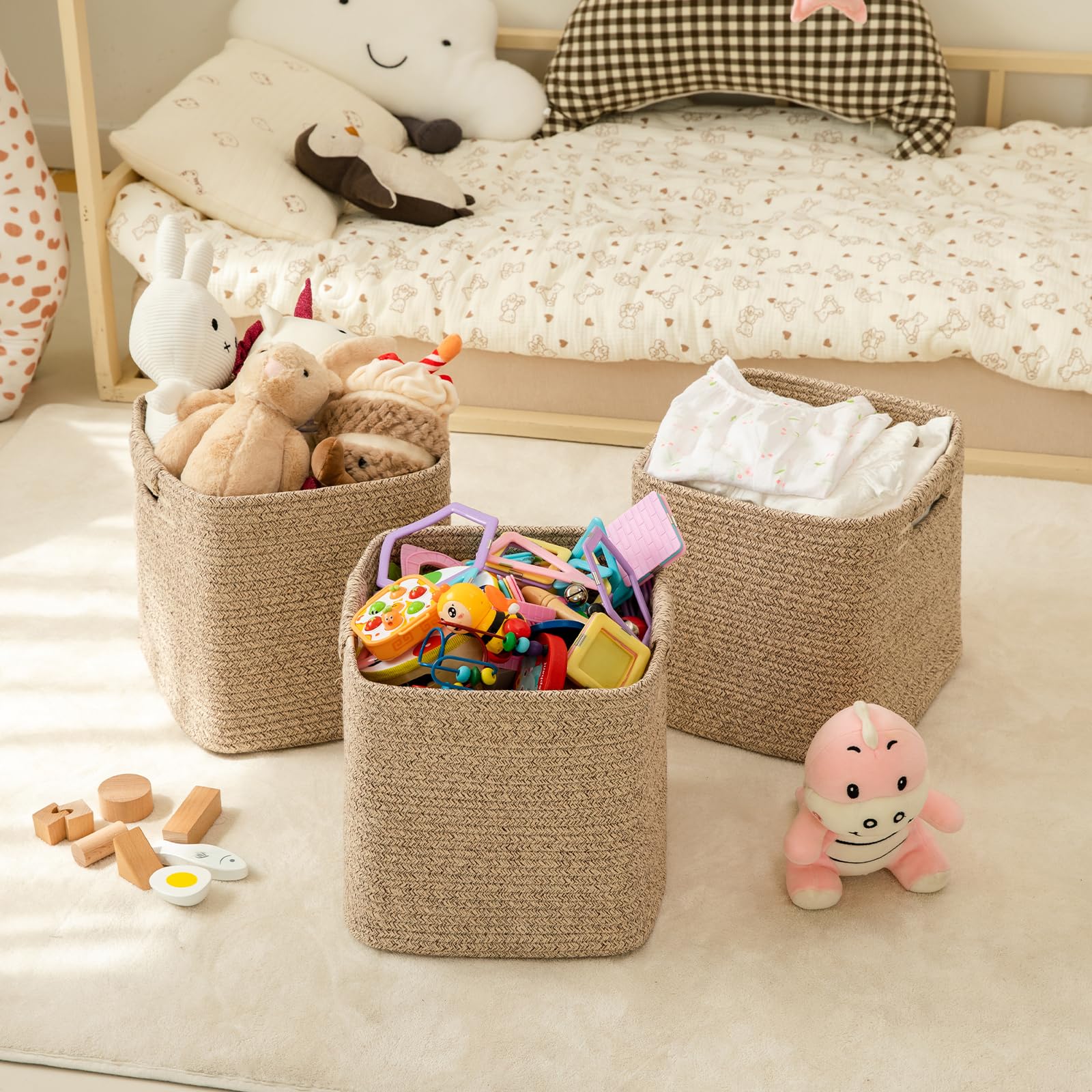 OIAHOMY 11 Inch Storage Cubes - 3 Pack Cotton Rope Woven Baskets, Square Organizer Bins for Shelves, Closet, Classroom, Nursery & Kids Toys - Perfect for Home Organization & Baby Room Storage (Brown)