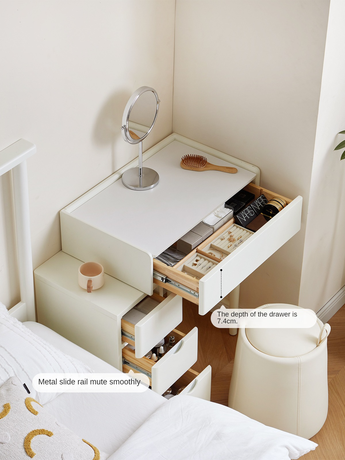 Pine Solid Wood Vanity Table with Mirror - Cream Shabby Chic Style for Bedroom & Dressing Room Makeup Organization