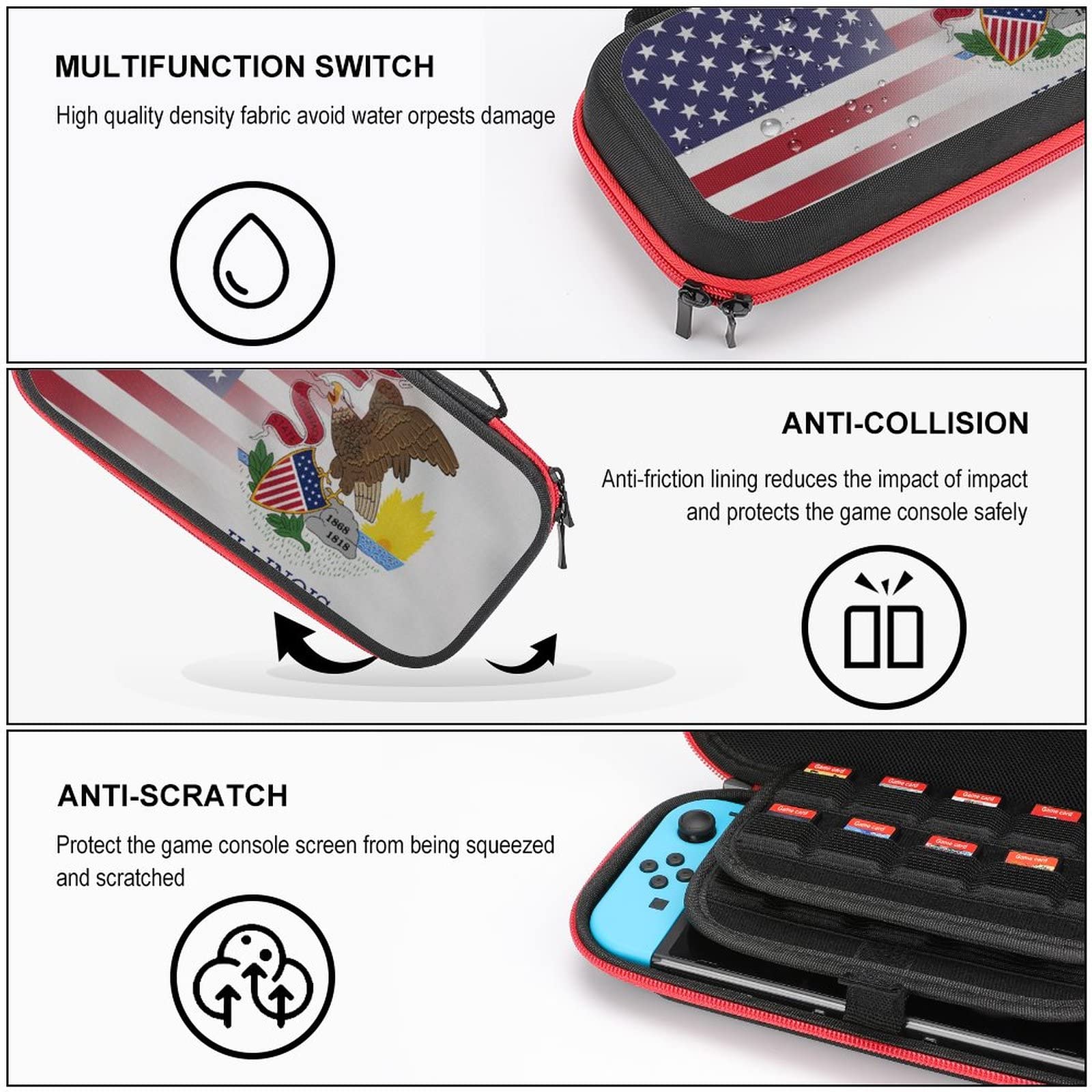USA Flag & Illinois Nintendo Switch Carrying Case - Portable Travel Cover with 20 Game Card Slots - Perfect for Gaming On-The-Go & Travel Accessories