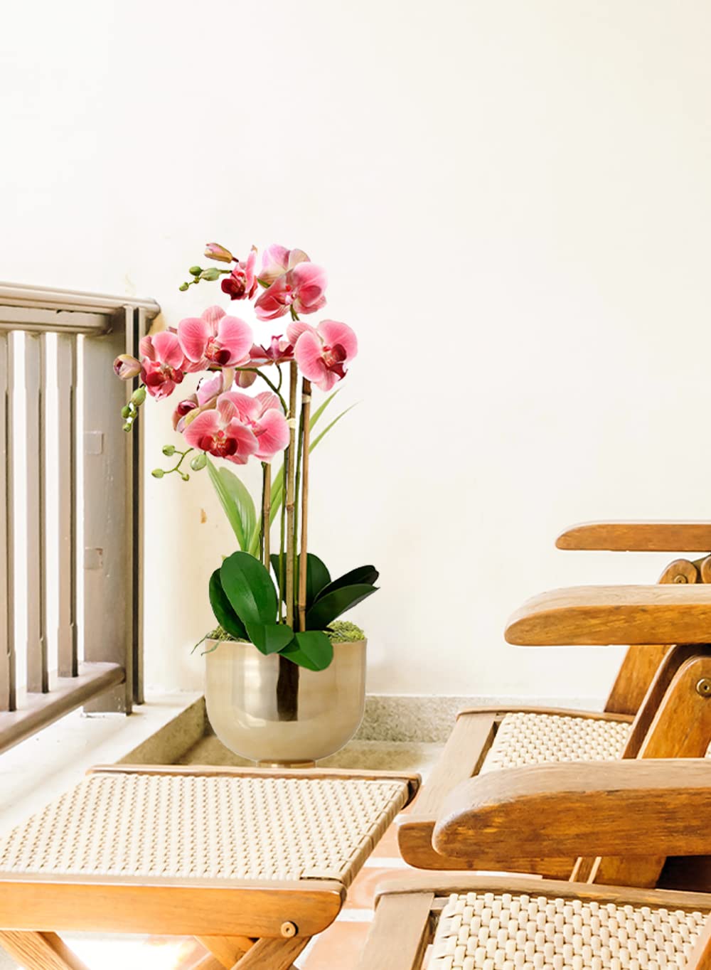 Serene Spaces Living DIY Orchid Kit - Realistic Pink Orchid in Pot with Gold Compote Bowl & Preserved Moss - Elegant Home Decor for Entryway, Foyer Table, Wedding Centerpiece, and Special Events - Perfect Gift Idea for Housewarming or Anniversary