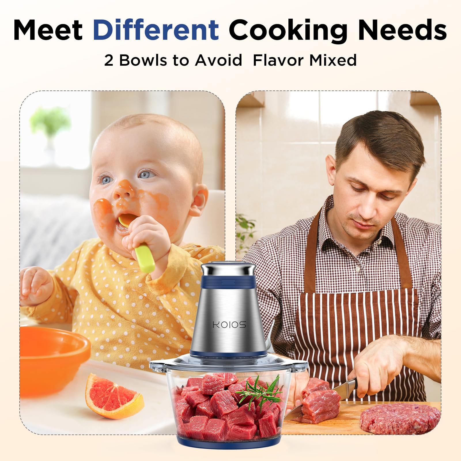 KOIOS 500W Electric Food Processor - 2 Stainless Steel Bowls (8 Cup + 8 Cup) & Dual Blades - Powerful Meat Grinder, Nut Chopper for Garlic, Onion, Baby Food - Perfect for Meal Prep, Cooking & Baking (Blue)