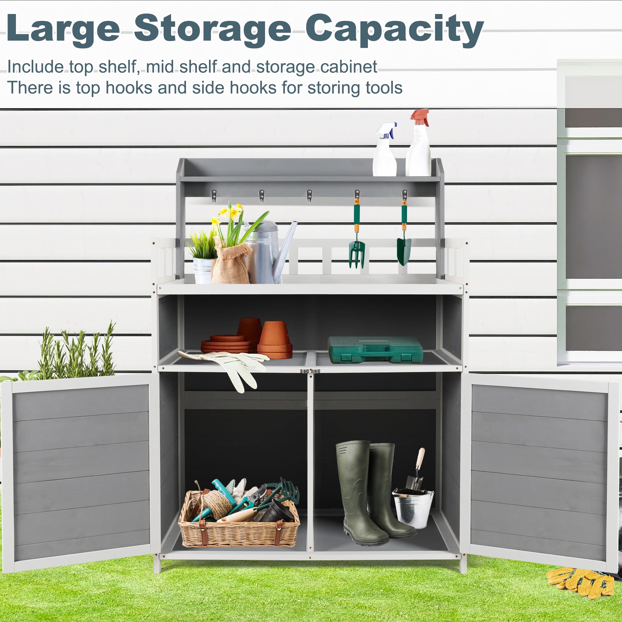 GRAVFORCE Outdoor Potting Bench with Storage Cabinet & Double Doors - Heavy Duty Gardening Table for Planting, Potting & Organizing - Perfect for Porch, Backyard, Patio & Greenhouse Use (Grey)