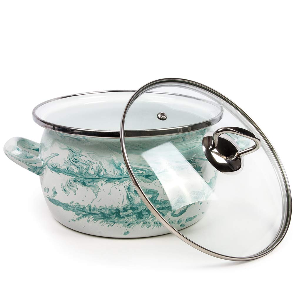 Shake White & Turquoise Enamel Stock Pot with Glass Lid - 5.3 Quart (5L) Enamelware Cooking Pot for Soups, Stews & Pasta - Vintage Style Kitchen Essential for Stovetop & Oven Use