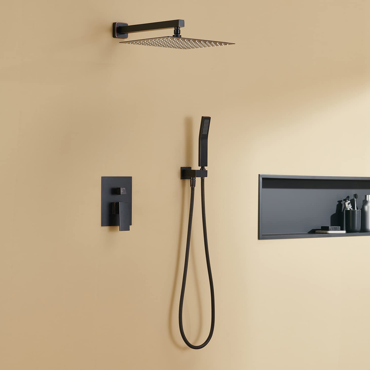 12 Inch Oil Rubbed Bronze Rain Shower System - Wall Mount Bathroom Faucet with Rainfall Shower Head & Handheld Shower - Perfect for Spa-Like Luxury Bath Experience in Master Bathrooms & Modern Home Renovations