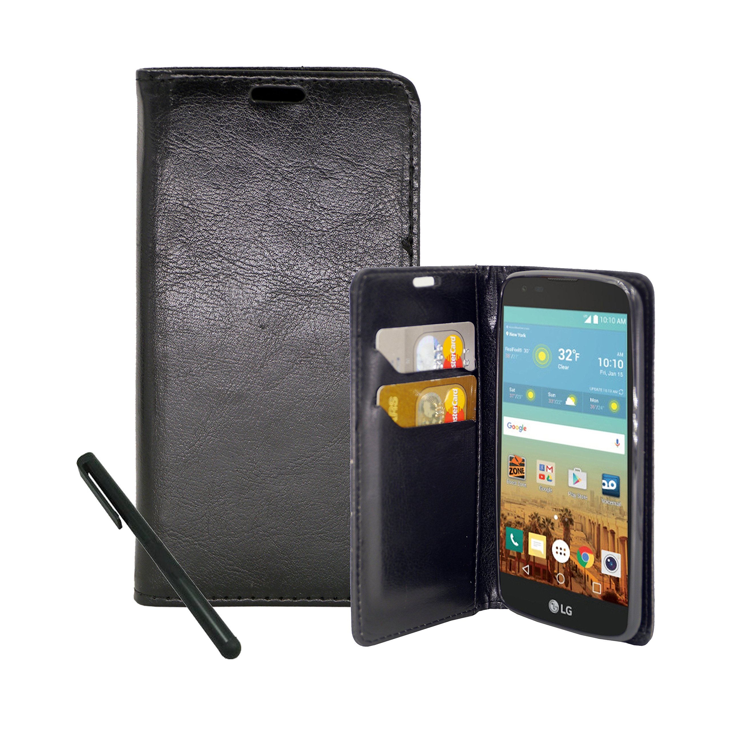 Premium PU Leather Wallet Case with Kickstand & Card Slots for LG Stylo 2 (2nd Gen) - Includes Free Stylus (Black) | Perfect for Business Professionals & Daily Commuters