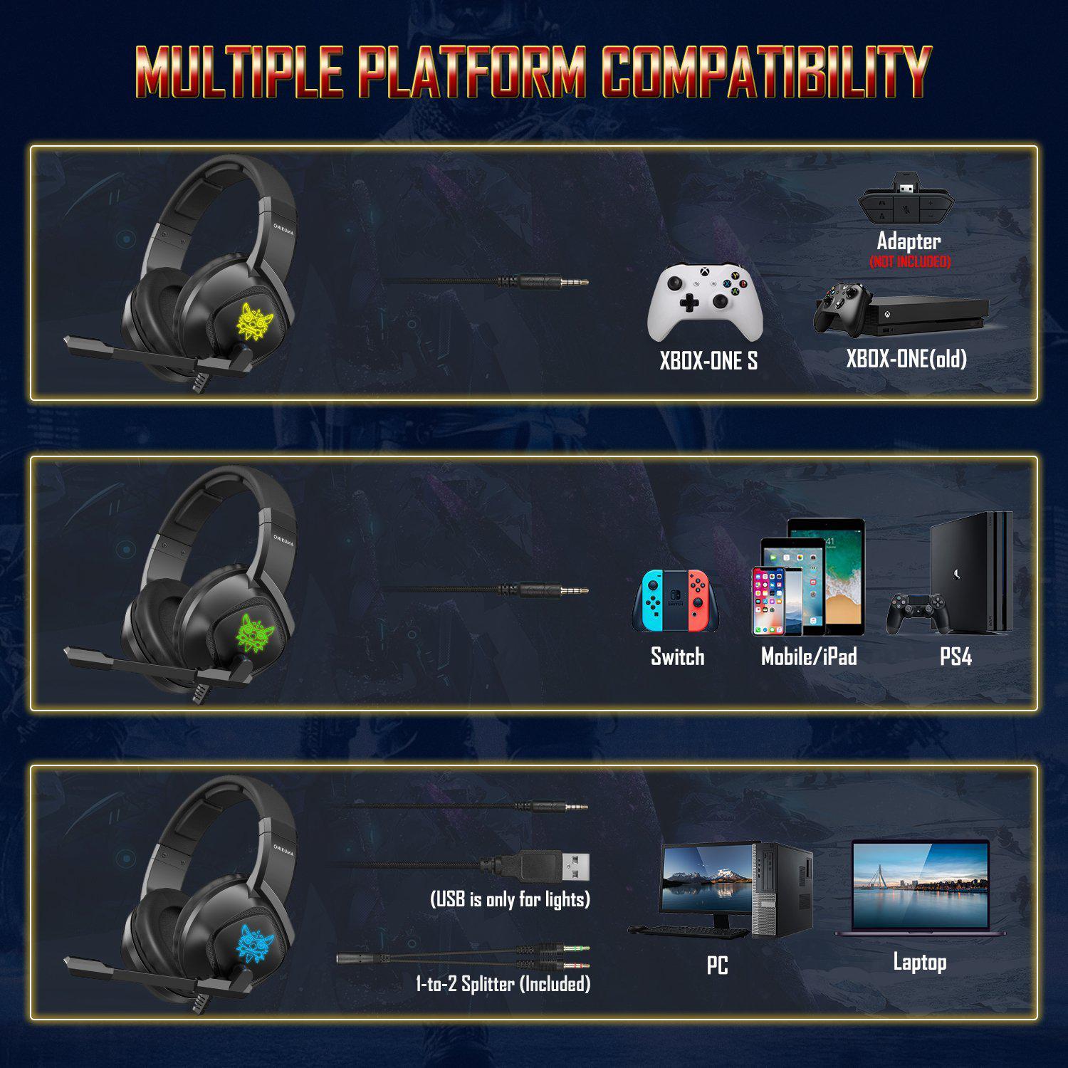 ONIKUMA K19 Professional Gaming Headset with RGB LED Lights - Noise Cancelling Mic, Comfortable Ear Cushions for PC, PS4, Xbox - Perfect for FPS Games & Late Night Gaming Sessions