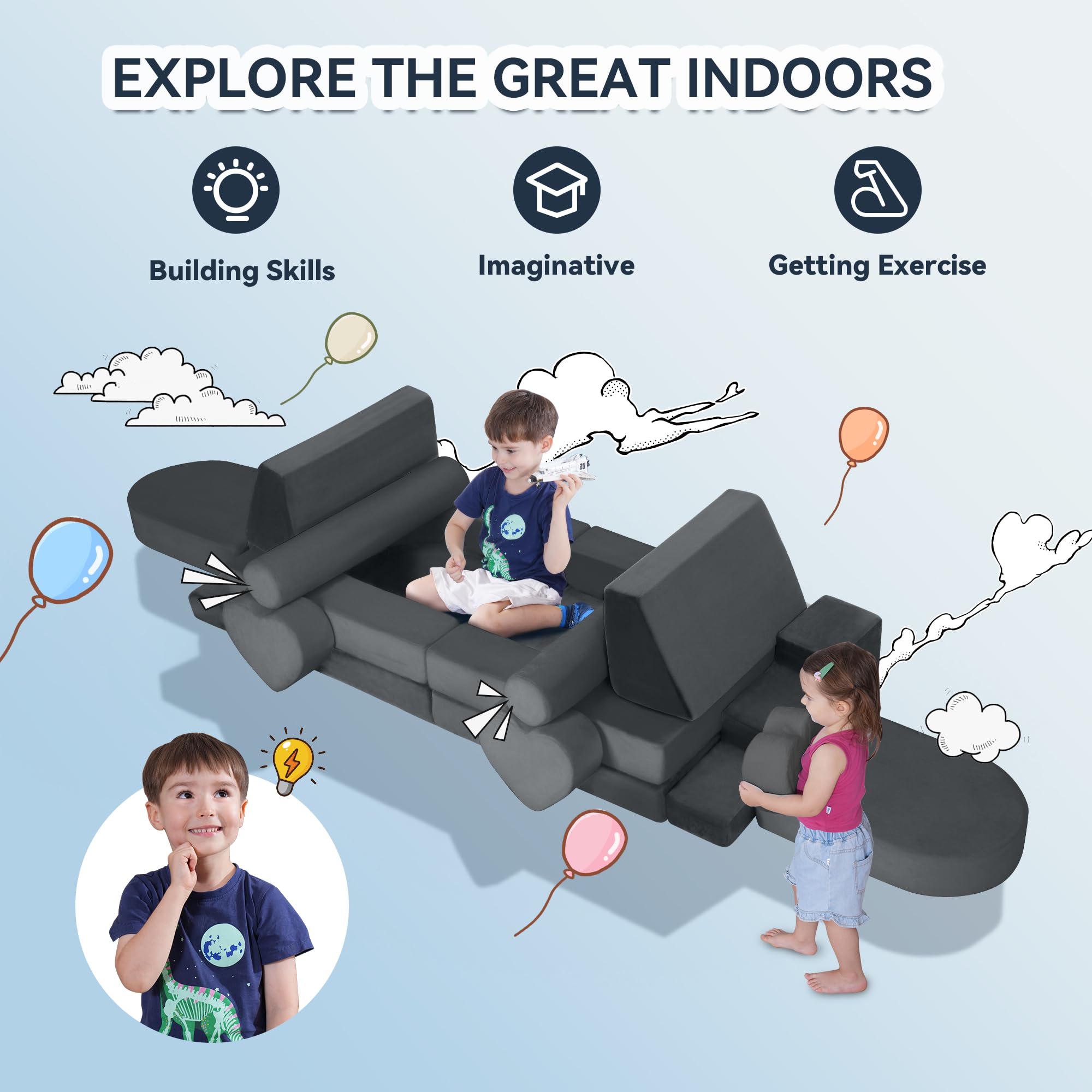 Modular Play Couch for Kids & Toddlers - 14 Piece Kids Sofa Set for Creative Play, DIY Playroom Furniture for Boys & Girls - Perfect for Playrooms, Bedrooms & Nurseries | Encourages Imagination & Active Play