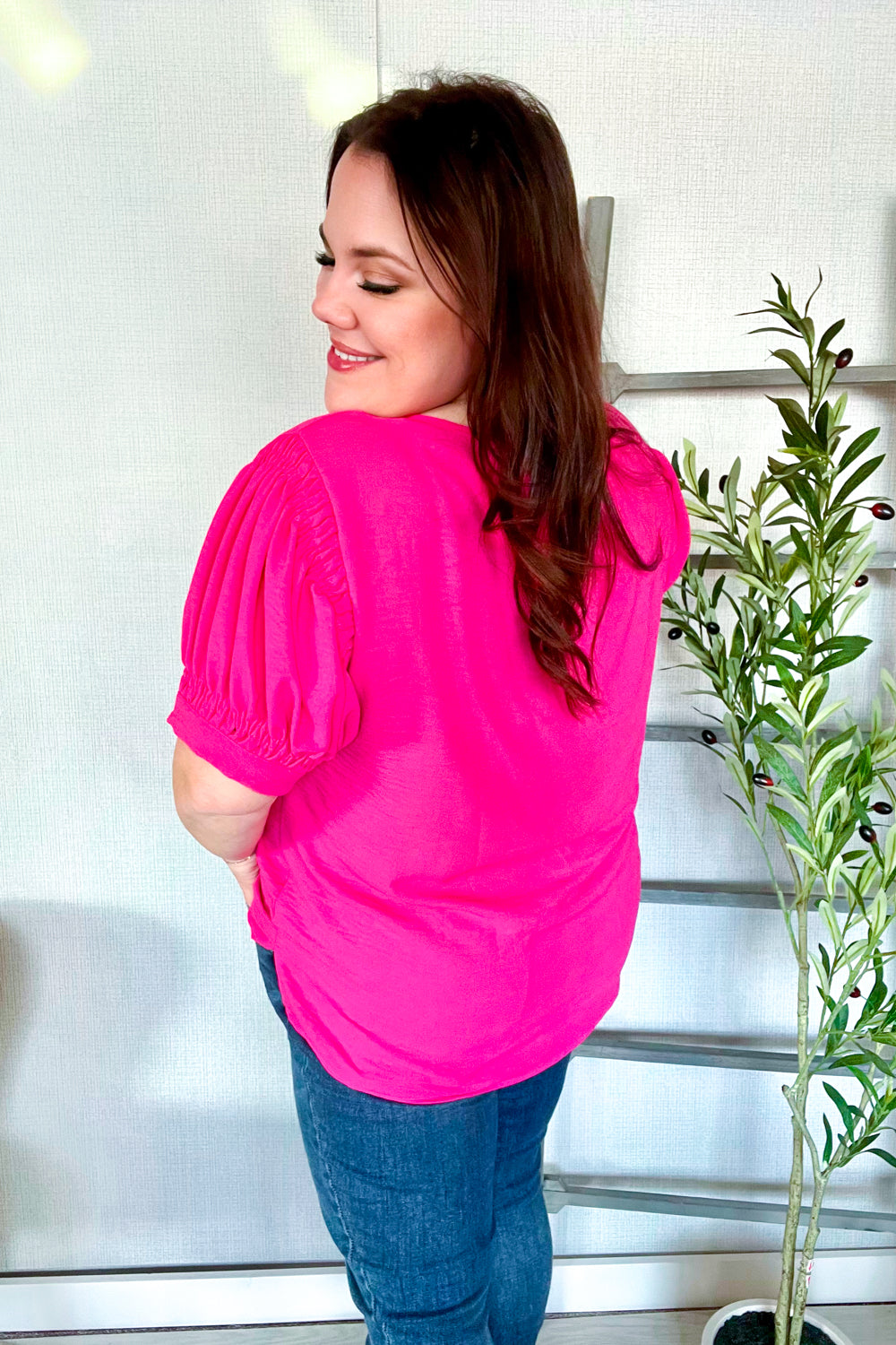 Perfectly You Solid Fuchsia Silk Shirred Cap Short Sleeve Blouse for Women | Elegant Casual & Office Wear | Summer Fashion Top