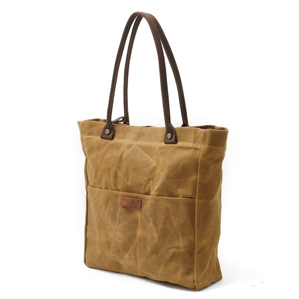Stylish Women's Waxed Canvas Tote Bag with Genuine Leather Trim - Waterproof Work & Travel Shoulder Purse - Fits 14