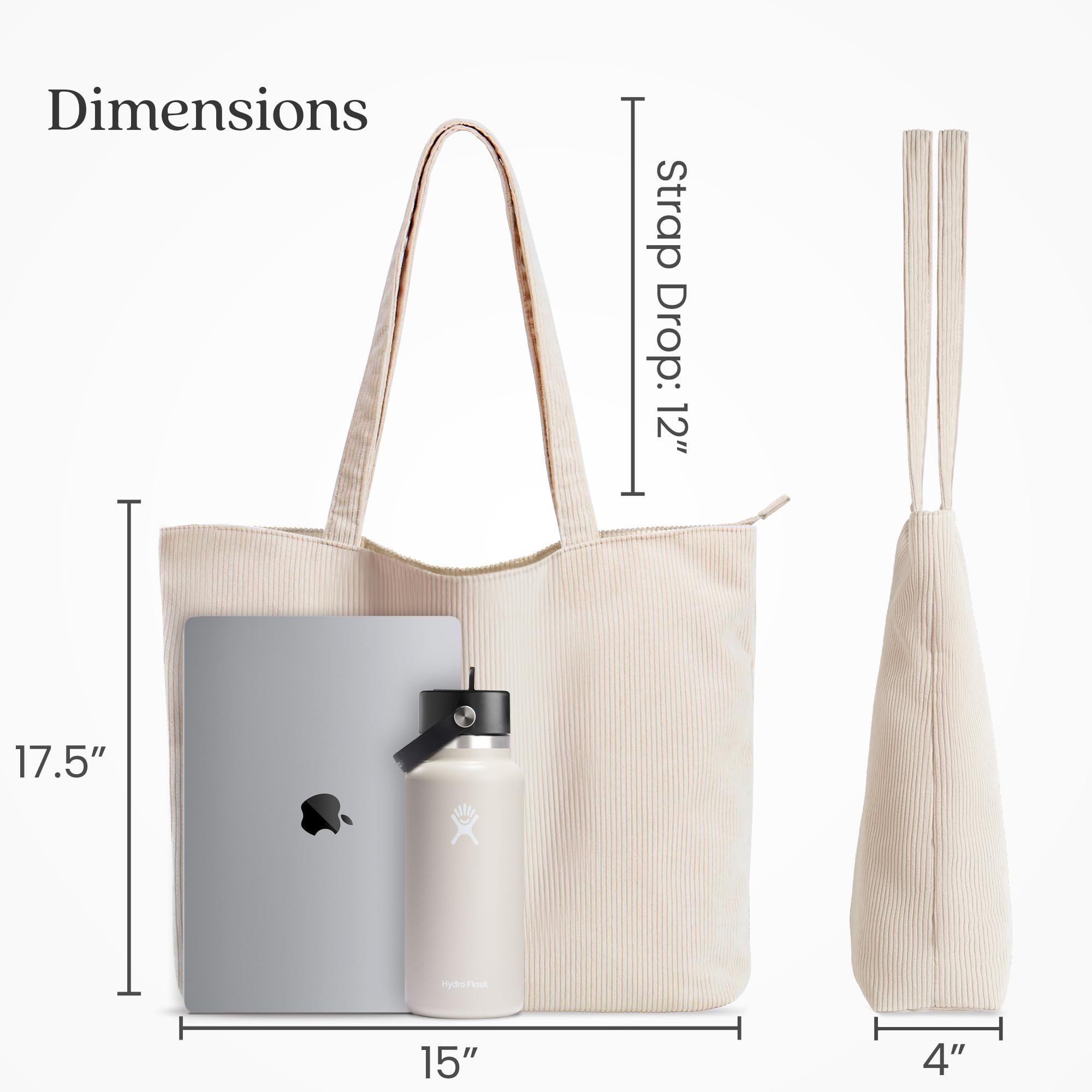 VANDEL Corduroy Tote Bag with Zipper & Inner Pockets for Women & Men - Stylish School & Work Tote for Laptop, Books & Daily Essentials | Durable & Fashionable Carryall for College, Office & Travel