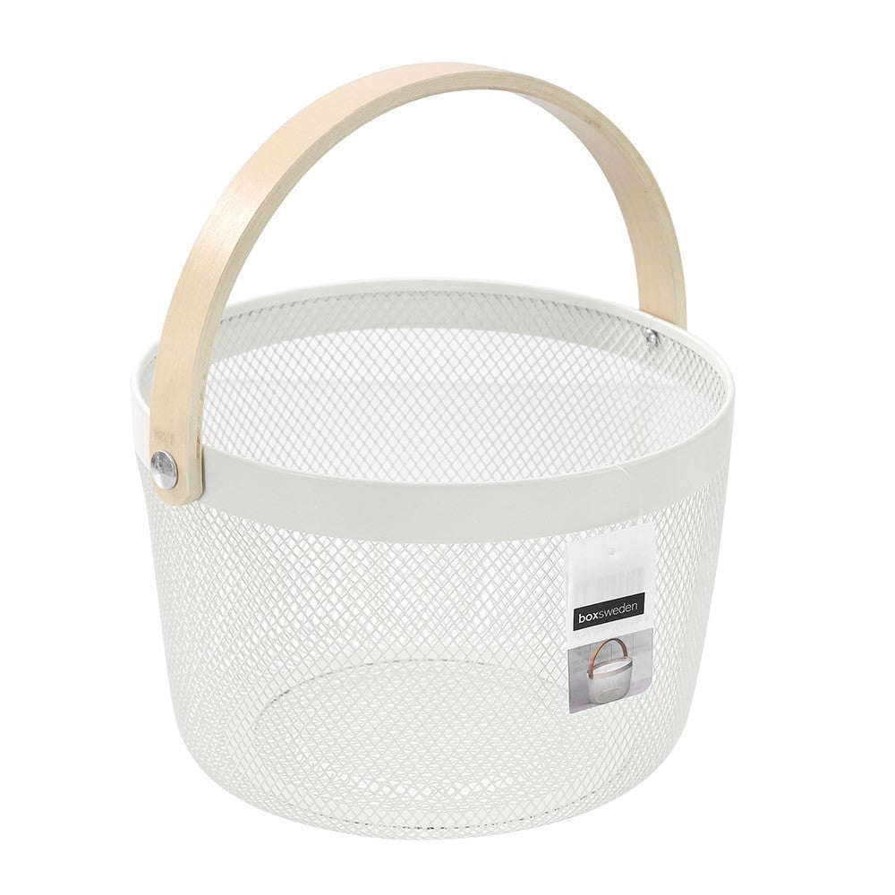 Sweden White Mesh Round Basket with Wood Handle - 26x26x18cm Storage Organizer for Home, Office, or Nursery Decor