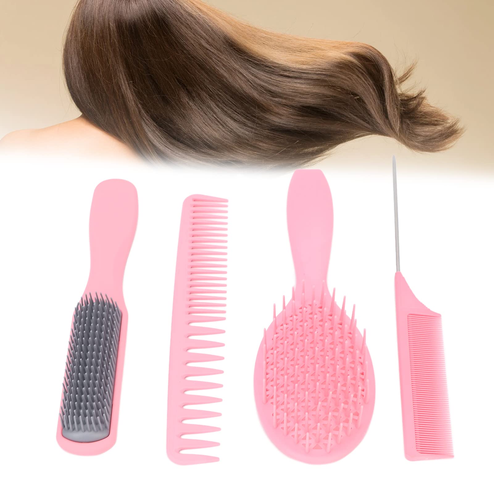 Detangling Hair Brush Set - 4pcs Ergonomic Scalp Massage Comb & Tail Comb for Smooth Hair, Portable for Travel & Home Use, Salon Quality (Pink, Boxed) - Perfect for Styling, Detangling & Scalp Care at Home, Salon or On-the-Go