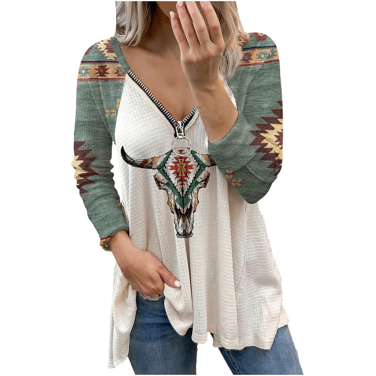 Vintage Ethnic Print Women's Quarter Zip Sweatshirt - Cozy Knitted Waffle Pullover Top for Winter | Casual Wear, Layering & Cold Weather Outfits