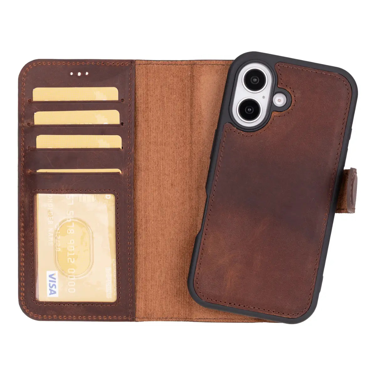 Vintage Brown Distressed Leather Wallet Case for iPhone 16 (6.1-inch) - Slim Protective Phone Cover with Card Slots | Perfect for Everyday Use, Travel & Business