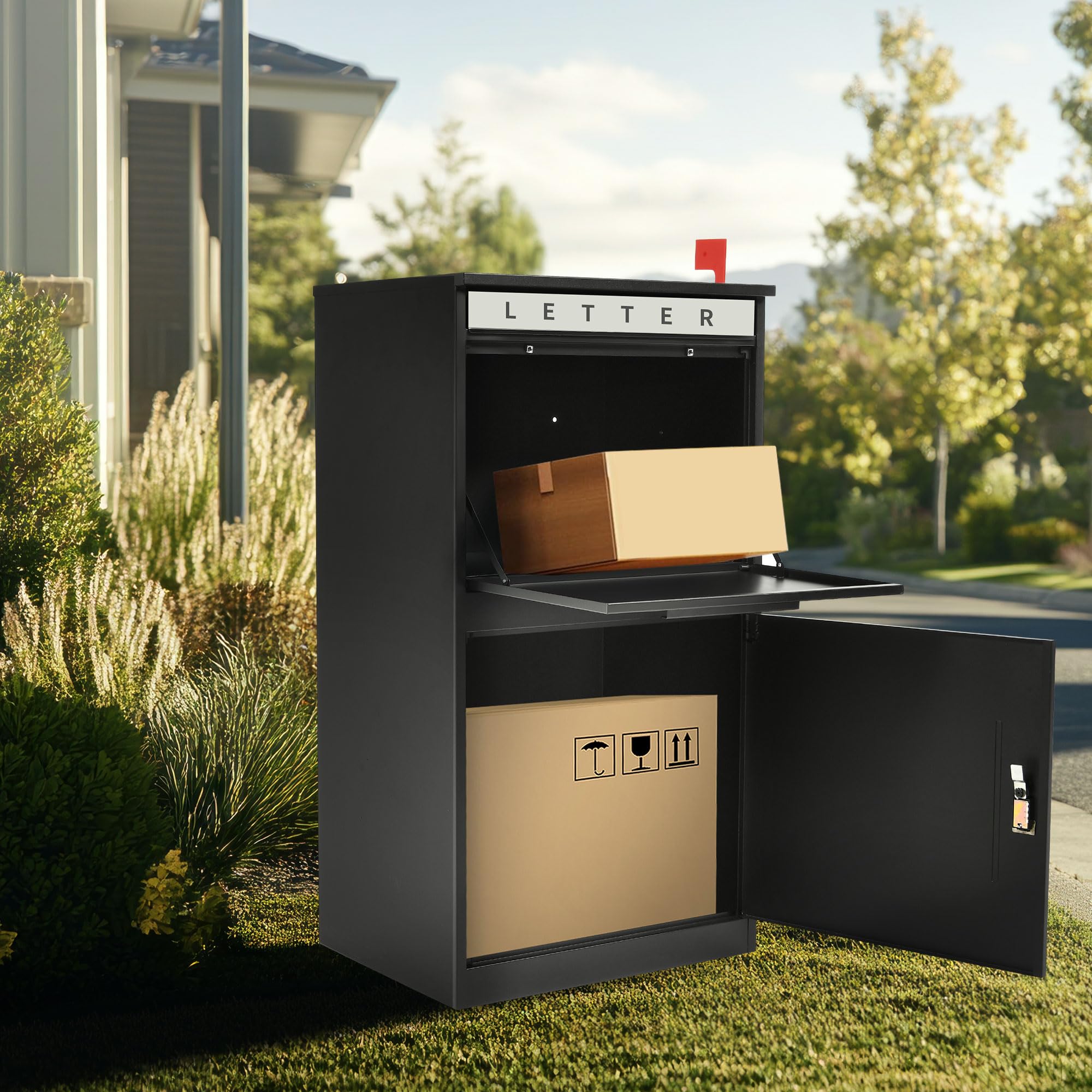 YITAHOME 18.9x15x35.4 Inch Large Outdoor Package Delivery Box with Coded Lock - Waterproof Anti-Theft Parcel Drop Box for House, Porch, Curbside - Perfect for Secure Online Shopping Deliveries & Contactless Package Storage - Black