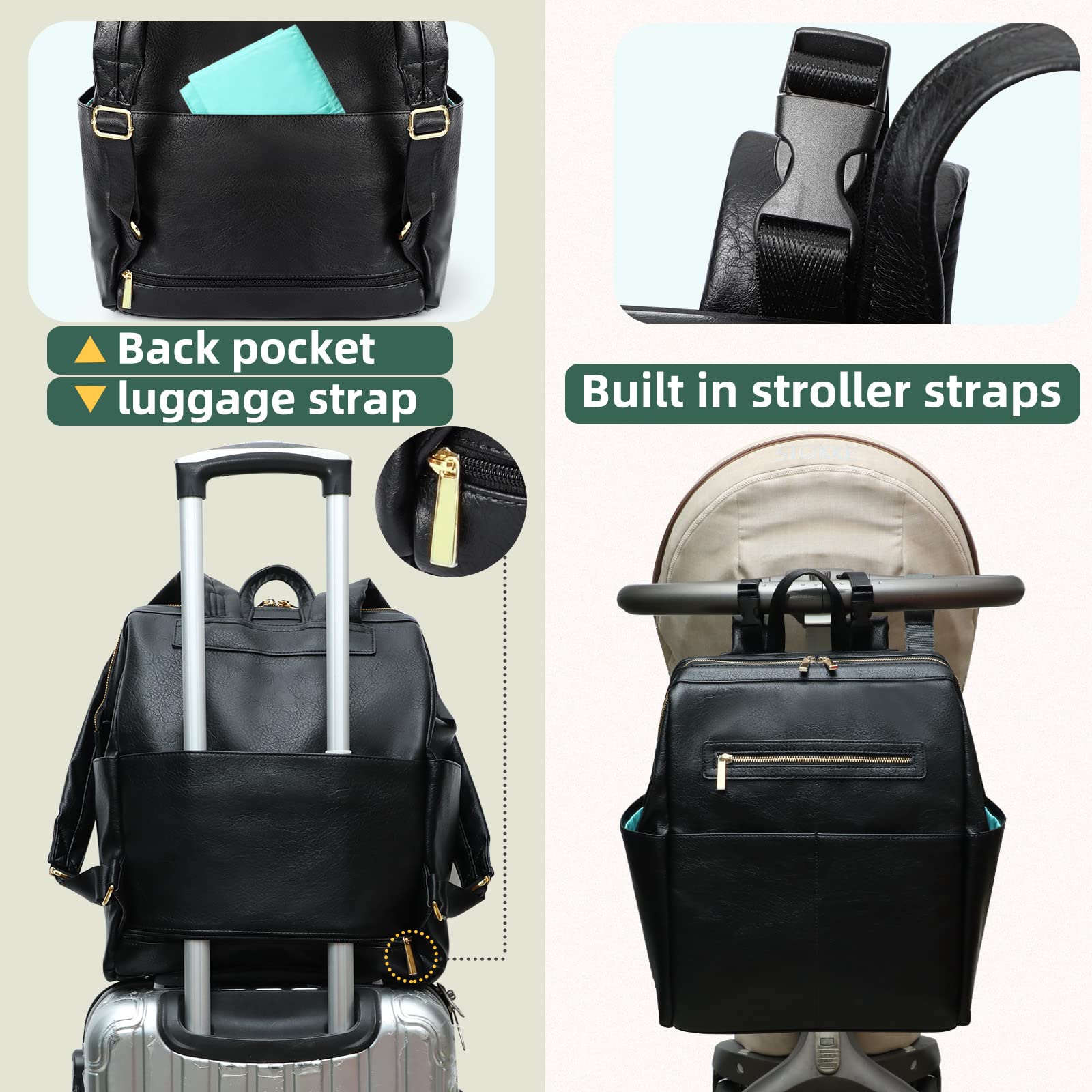 Premium Leather Diaper Backpack for Moms & Dads - 16 Pockets, Insulated Compartments, Fits 15