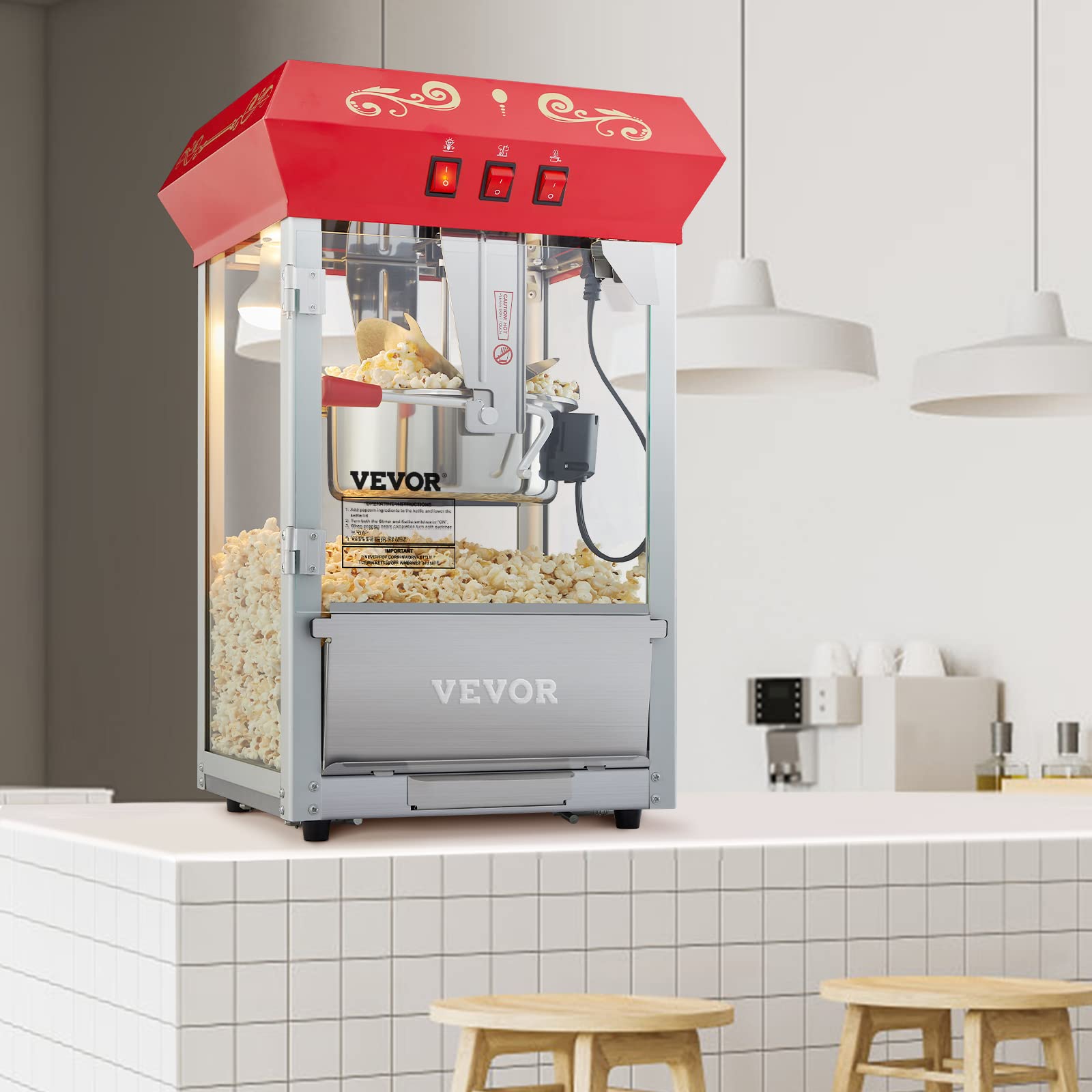 VEVOR 8 Oz Commercial Popcorn Machine - 850W Countertop Popcorn Popper Makes 48 Cups per Batch, Theater Style with 3-Switch Control, Steel Frame & Tempered Glass - Perfect for Movie Nights, Parties, and Concessions (Includes 2 Scoops & 2 Spoons, Red)
