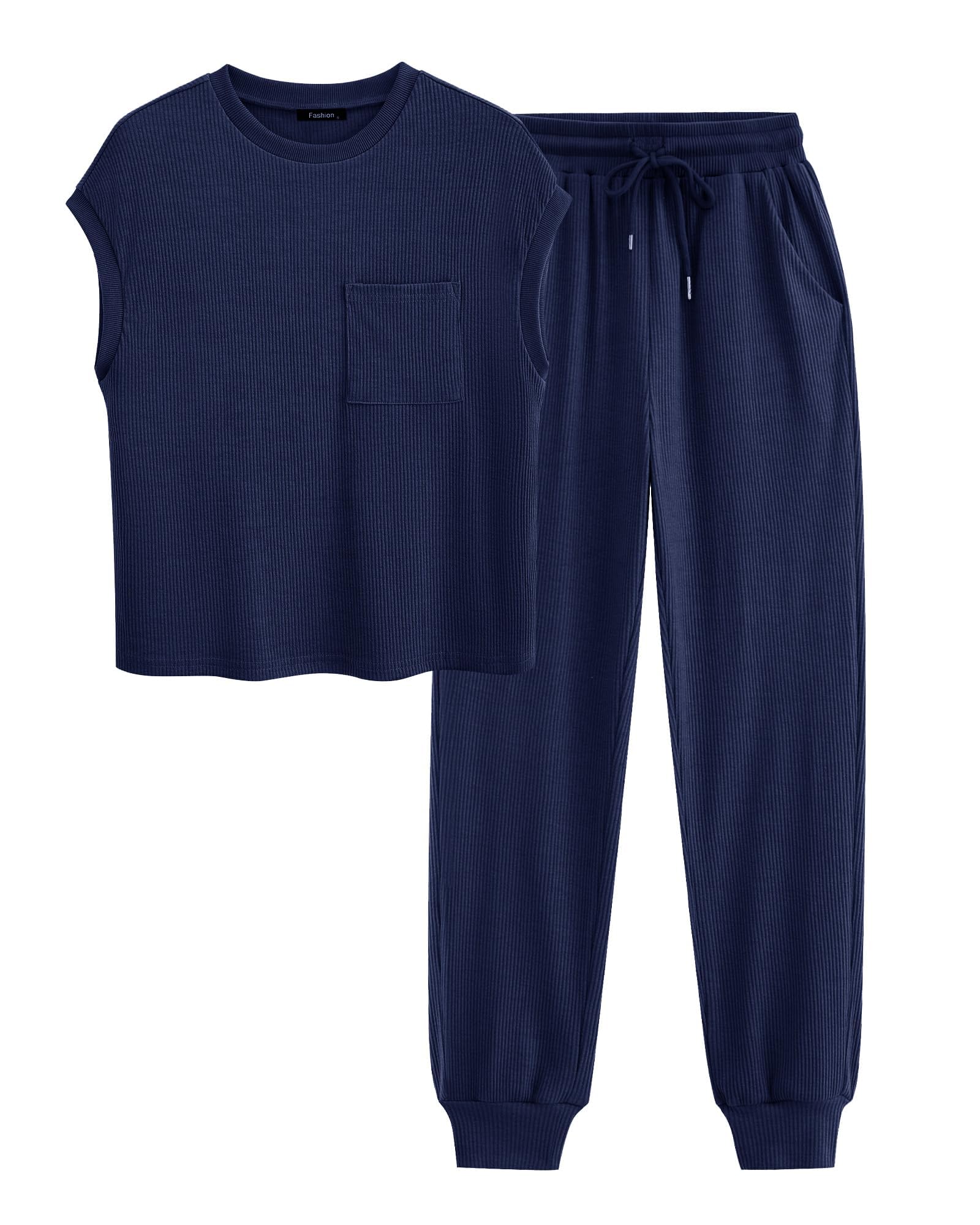 BTFBM Women's 2 Piece Tracksuit Set - Short Sleeve Workout Top & High Waist Jogger Pants with Drawstring - Casual Athletic Outfit for Gym, Running, Yoga & Lounge Wear