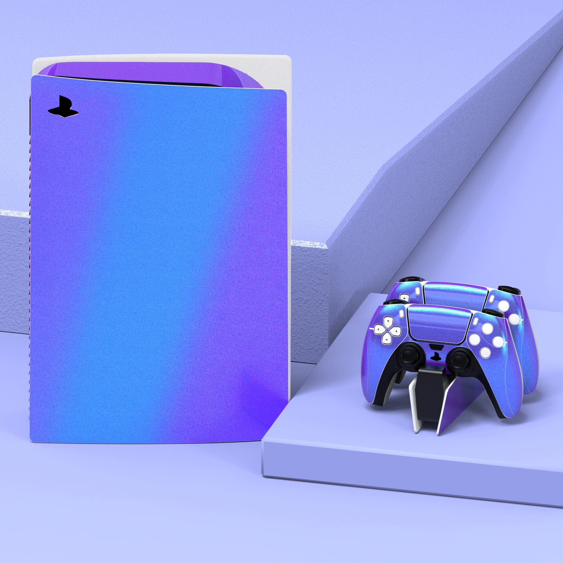 PlayVital Chrome Purple Blue Glossy Full Skin Decal Set for PS5 Console Disc Edition - Vinyl Sticker Cover for PS5 Controller, Charging Station, Headset & Media Remote - Perfect for Gaming Setup & Customization