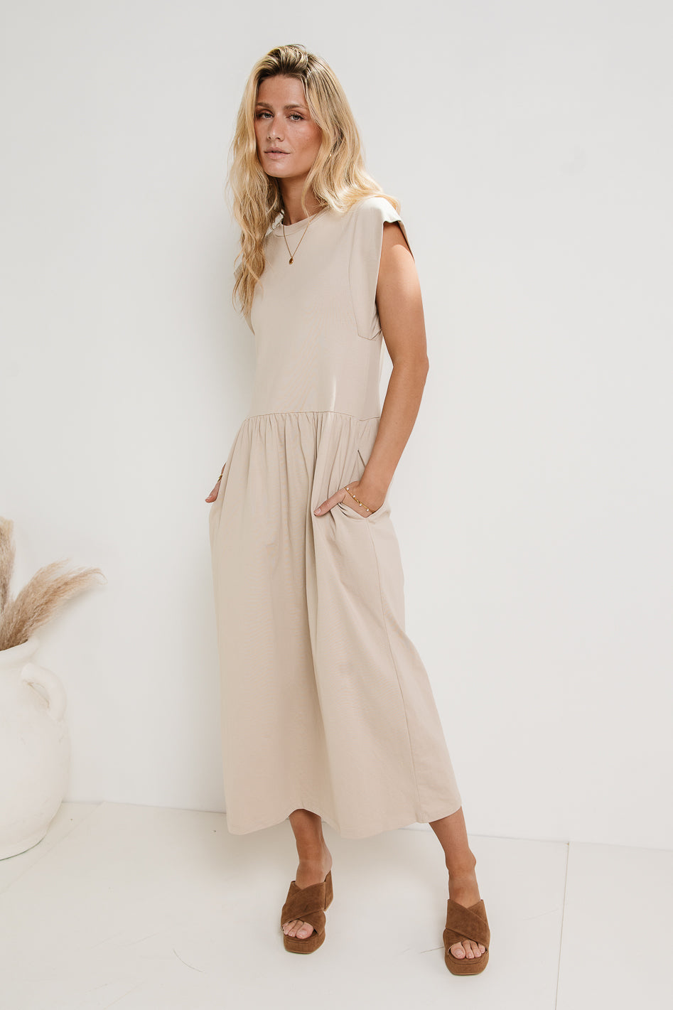 Louie Beige Midi Dress for Women - Elegant & Comfortable FINAL SALE | Perfect for Office, Date Night & Special Occasions