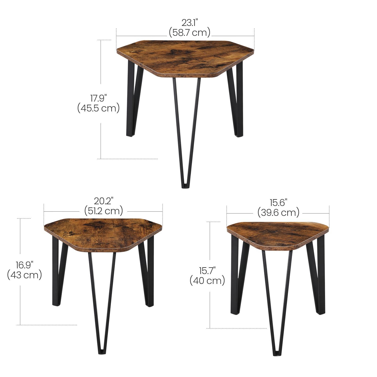 VASAGLE 3-Piece Nesting Coffee Table Set, Industrial Style Stacking End Tables for Living Room - Sturdy Steel Frame, Easy Assembly, Rustic Brown & Black LNT14BX | Perfect for Small Spaces, Modern Home Decor & Coffee Table Organization