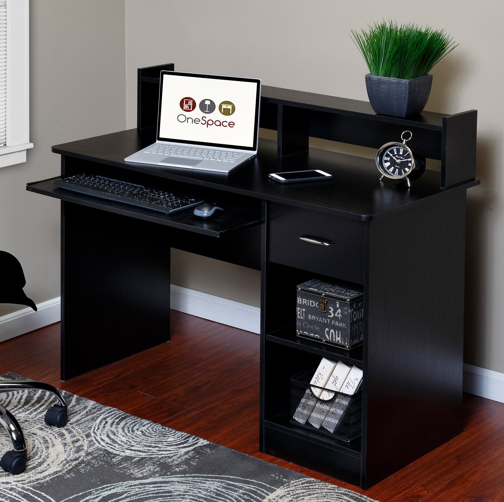 OneSpace Essential Computer Desk with Hutch & Pull-Out Keyboard - Black | Home Office Desk for Work, Study & Gaming | Compact Writing Desk for Small Spaces